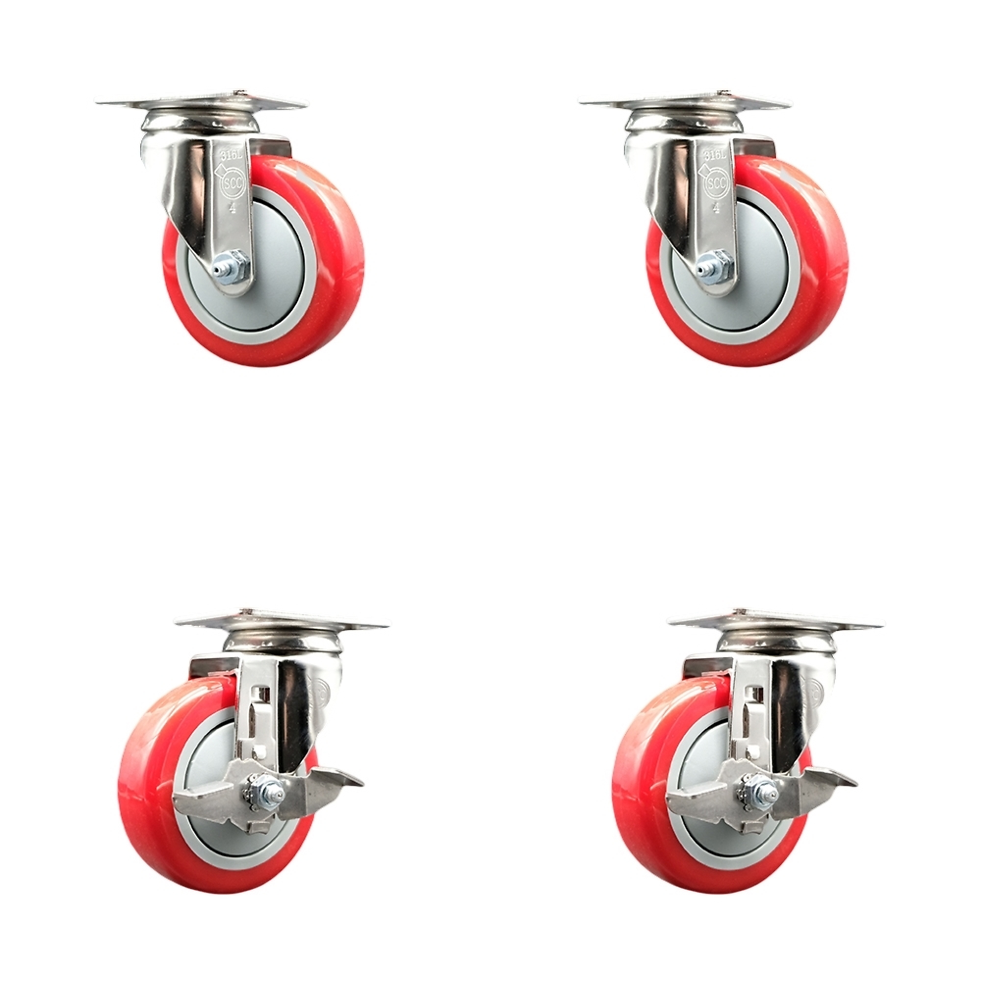 Service Caster, 4Inch x 1 1/4Inch Plate Casters, Wheel Diameter 4 in, Caster Type Swivel, Package (qty.) 4, Model SCC-SS31620S414-PPUB-RED-2-TLB-2