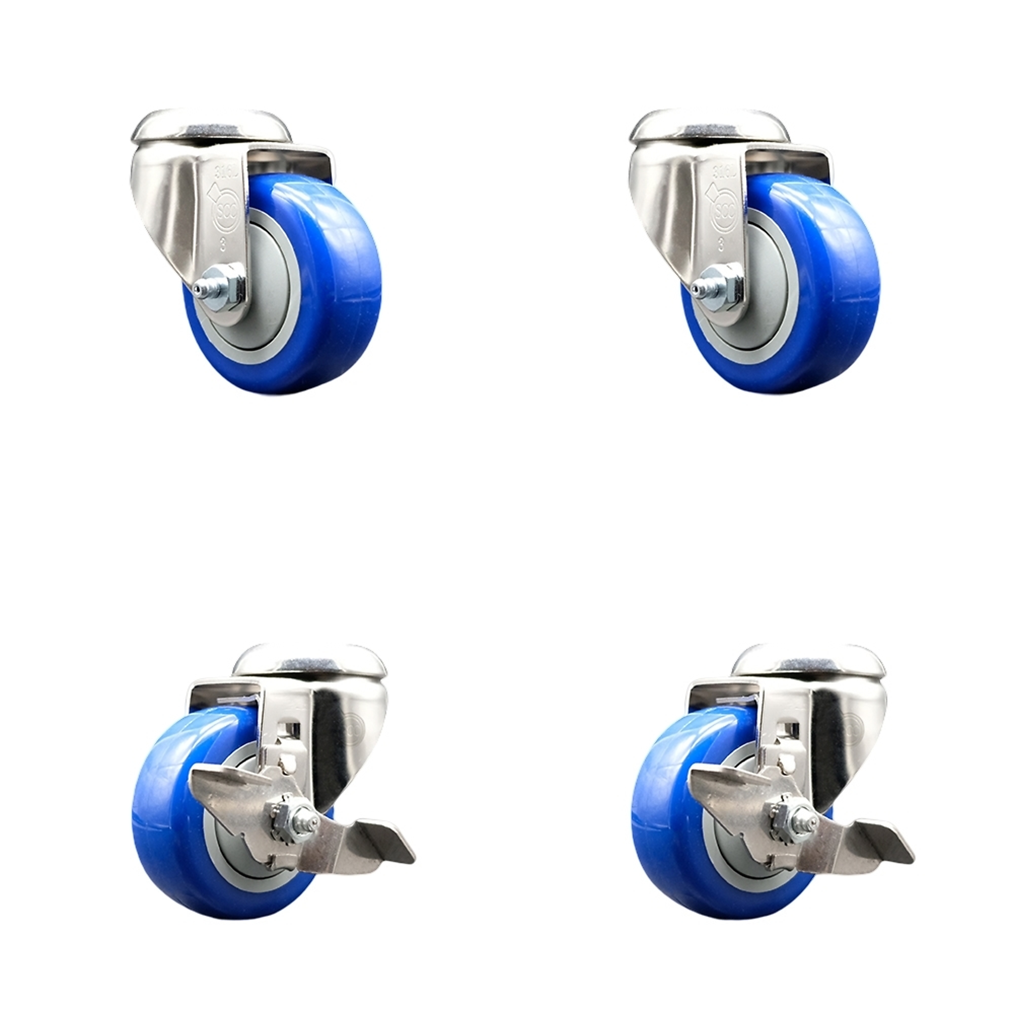 Service Caster, 3 1/2Inch x 1 1/4Inch Stem Casters, Wheel Diameter 3.5 in, Caster Type Swivel, Package (qty.) 4, Model SCC-SS316BH20S3514-PPUB-BLUE-2-