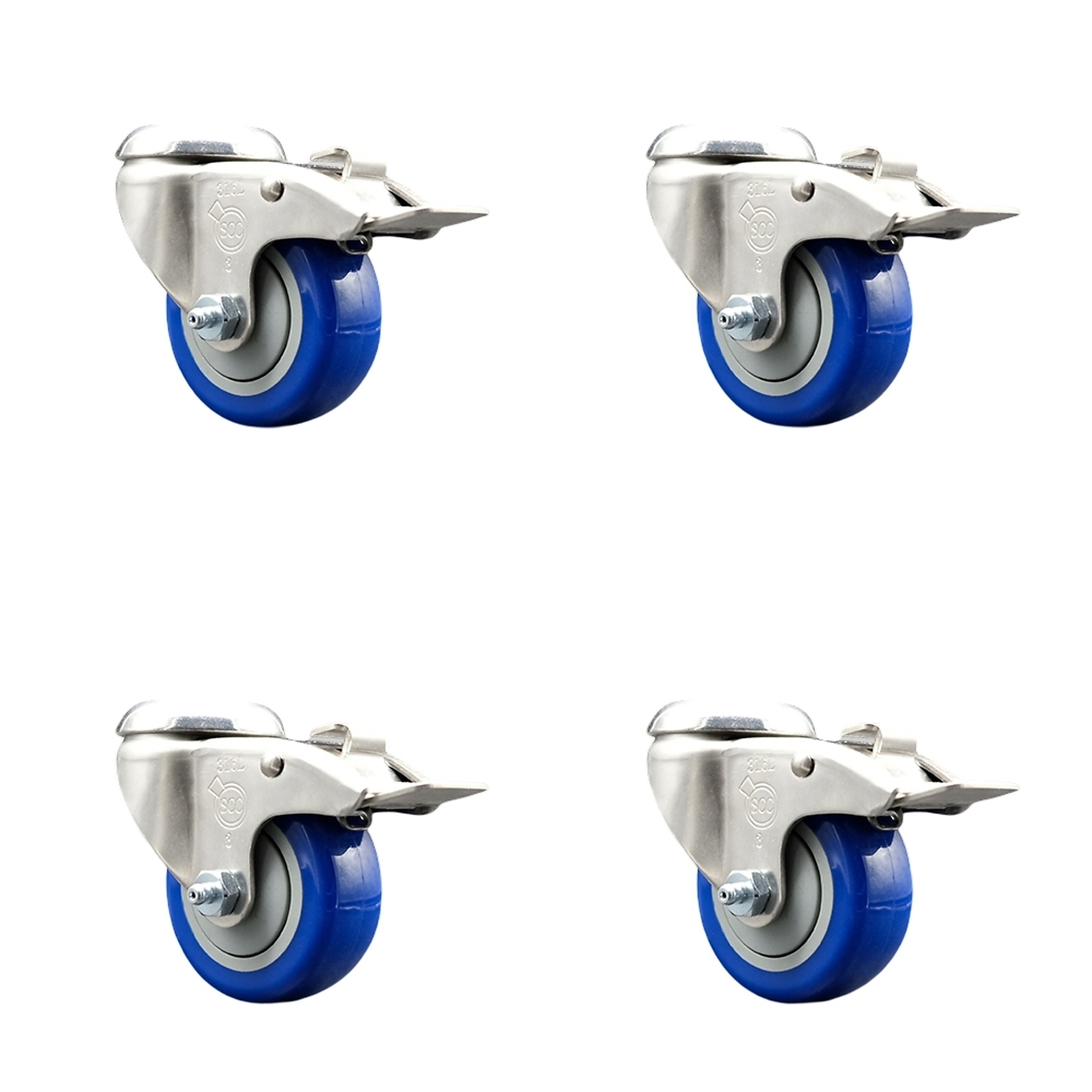 Service Caster, 3 1/2Inch x 1 1/4Inch Stem Casters, Wheel Diameter 3.5 in, Caster Type Swivel, Package (qty.) 4, Model SCC-SS316BHTTL20S3514-PPUB-BLUE