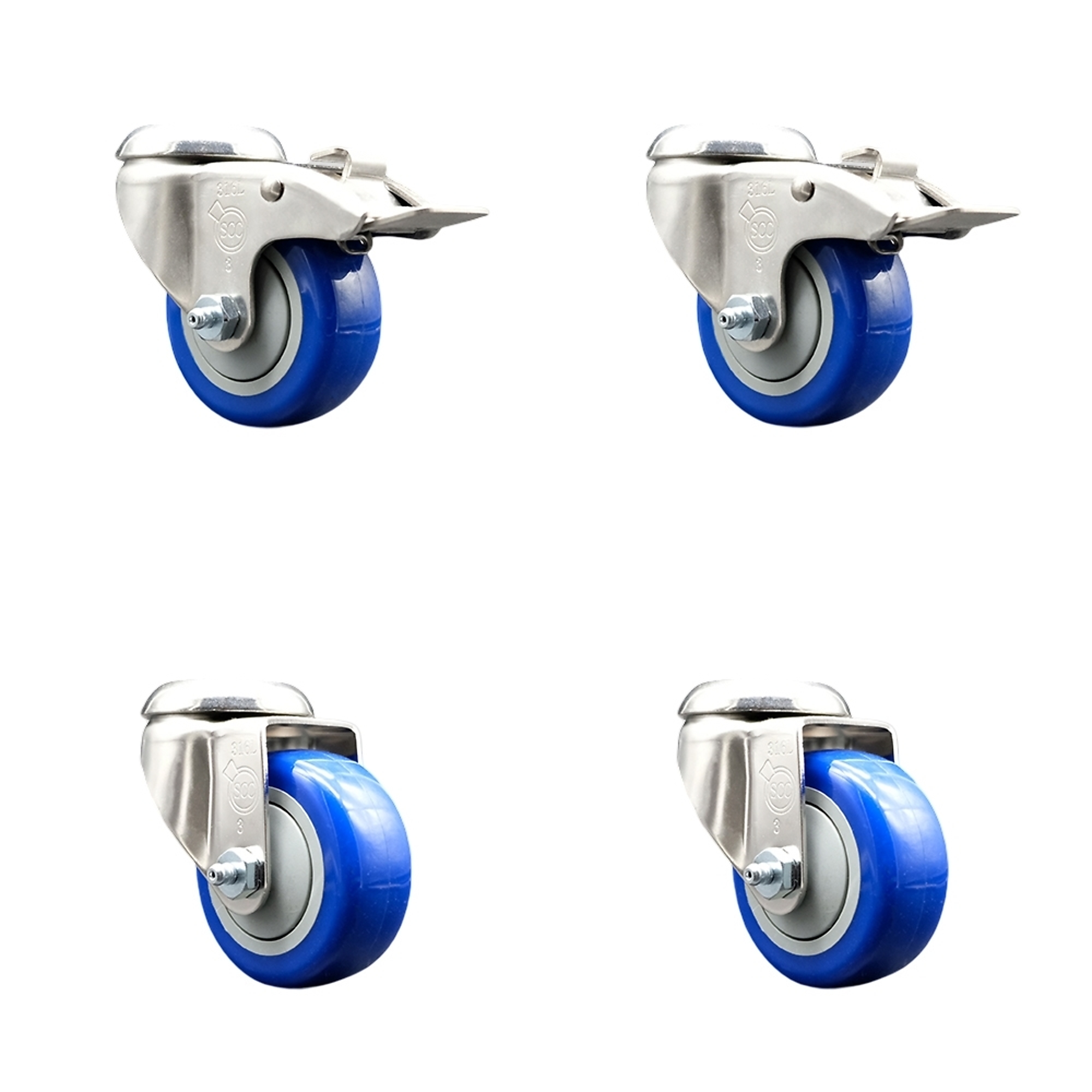 Service Caster, 3 1/2Inch x 1 1/4Inch Stem Casters, Wheel Diameter 3.5 in, Caster Type Swivel, Package (qty.) 4, Model SCC-SS316BHTTL20S3514-PPUB-BLUE