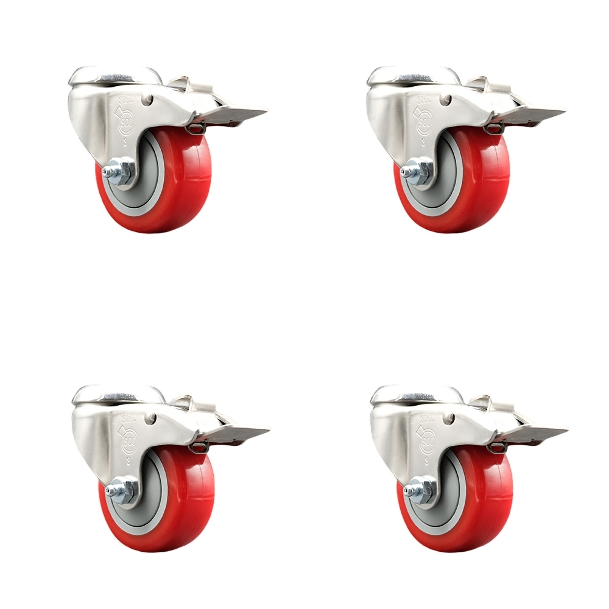 Service Caster, 3Inch x 1 1/4Inch Stem Casters, Wheel Diameter 3 in, Caster Type Swivel, Package (qty.) 4, Model SCC-SS316BHTTL20S314-PPUB-RED-4