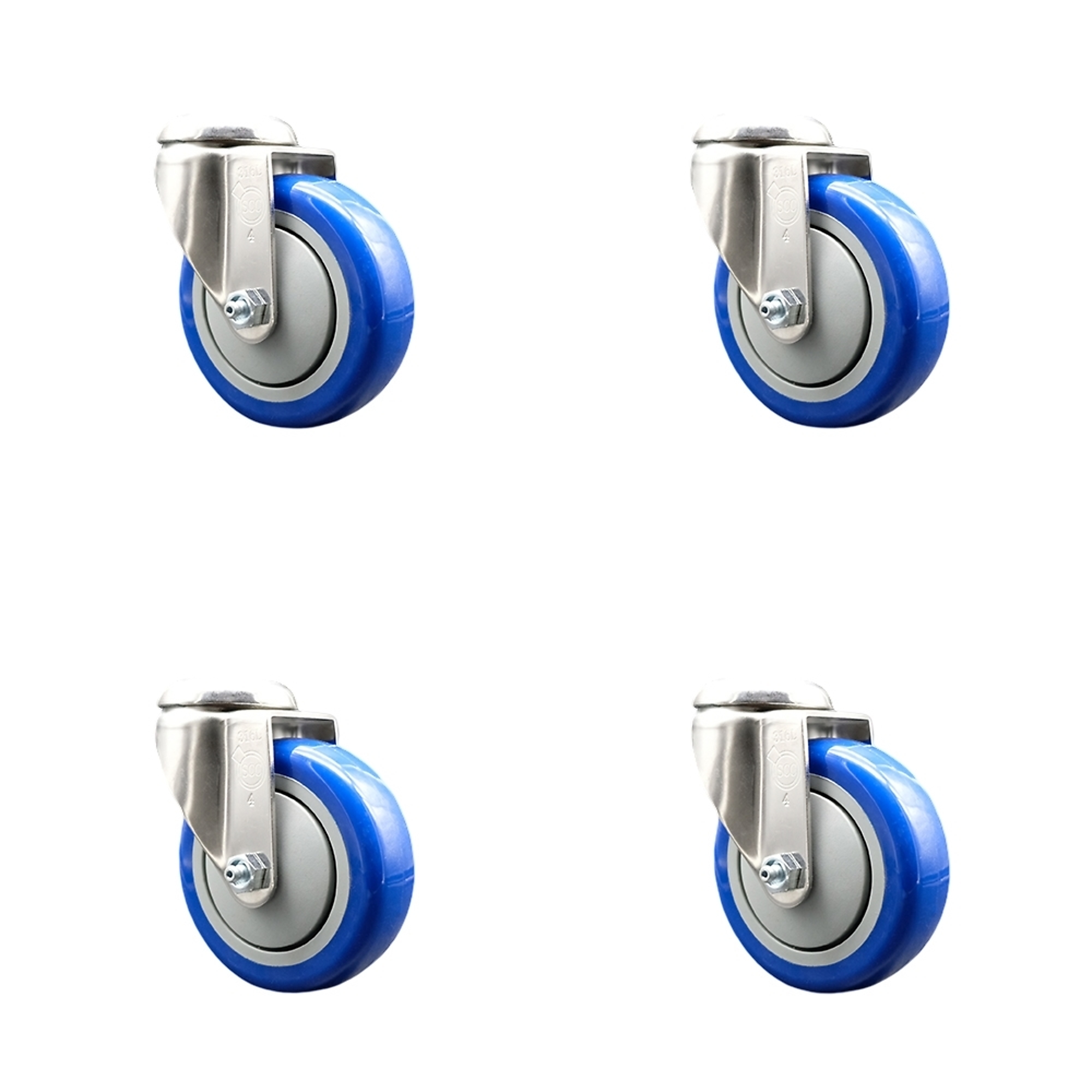 Service Caster, 4Inch x 1 1/4Inch Stem Casters, Wheel Diameter 4 in, Caster Type Swivel, Package (qty.) 4, Model SCC-SS316BH20S414-PPUB-BLUE-4