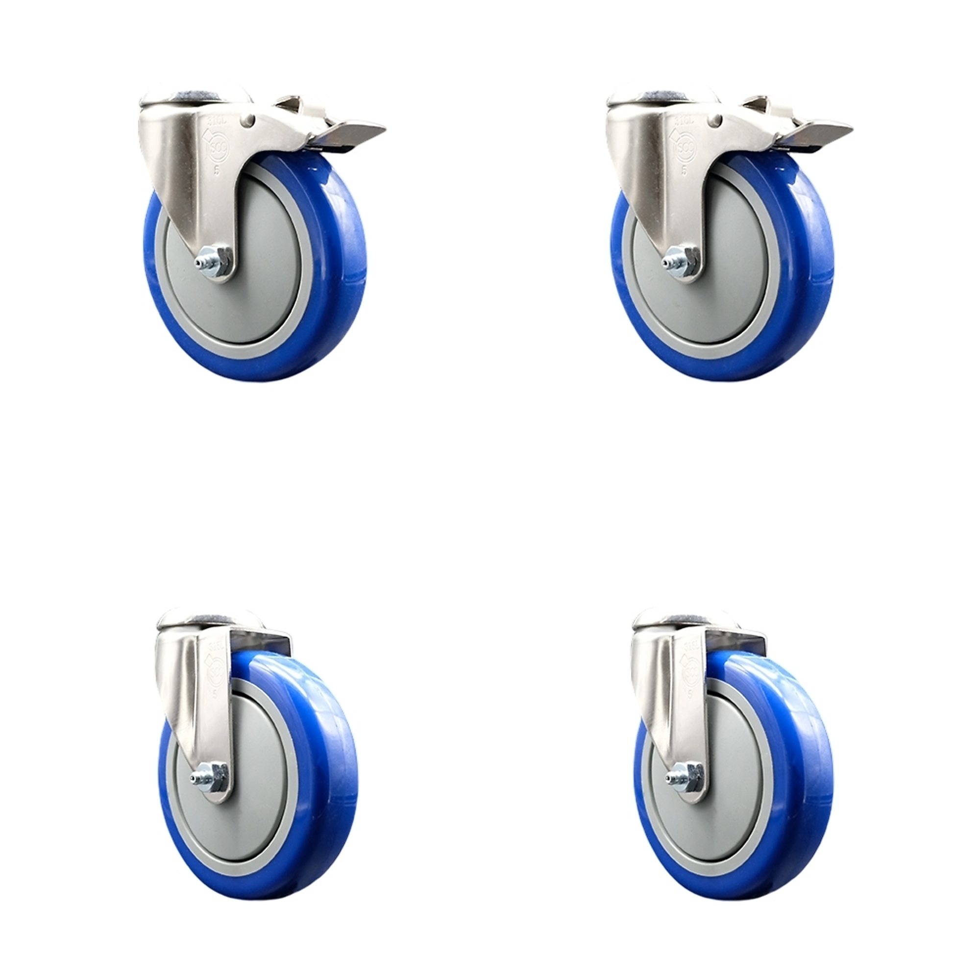 Service Caster, 5Inch x 1 1/4Inch Stem Casters, Wheel Diameter 5 in, Caster Type Swivel, Package (qty.) 4, Model SCC-SS316BHTTL20S514-PPUB-BLUE-2-S-2