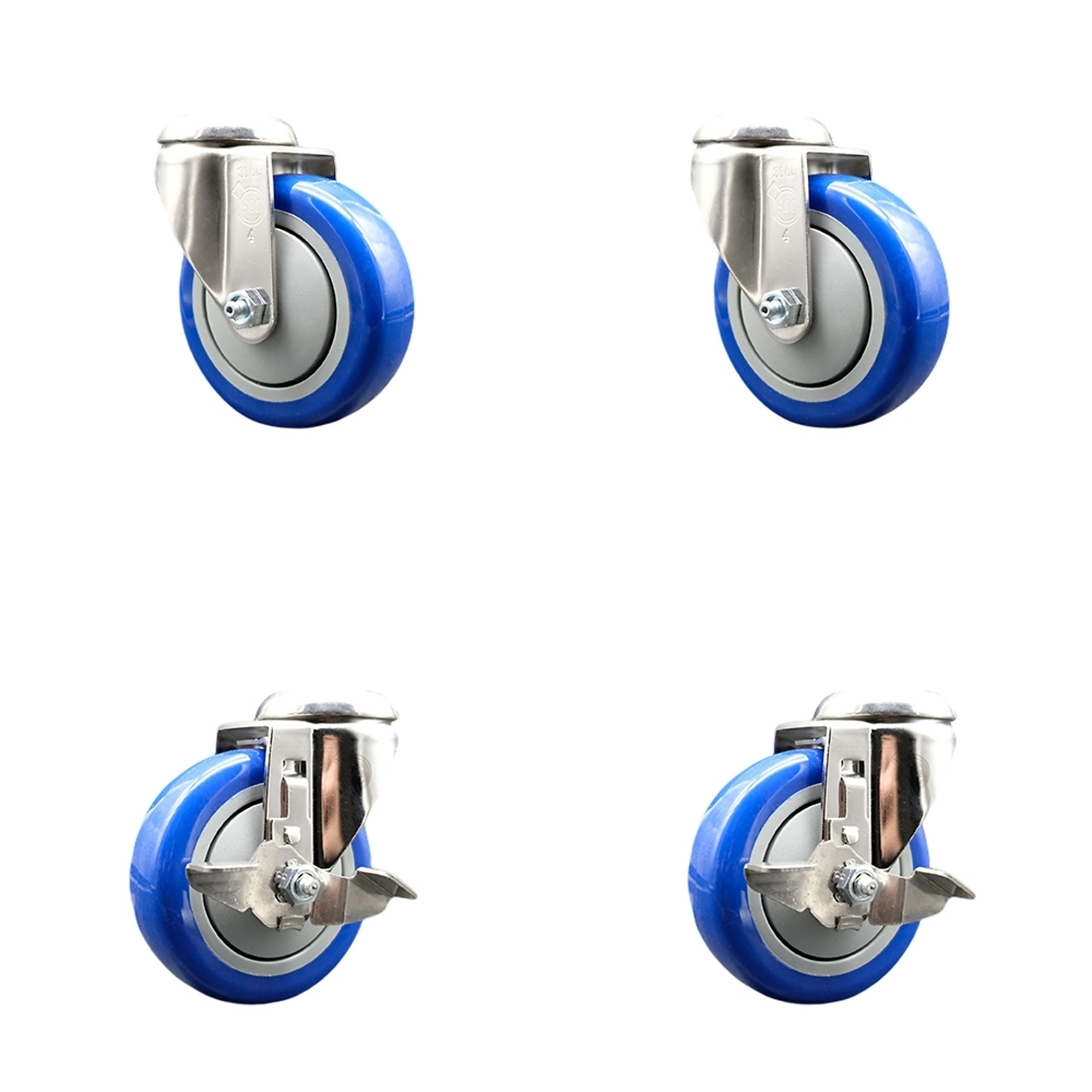 Service Caster, 4Inch x 1 1/4Inch Stem Casters, Wheel Diameter 4 in, Caster Type Swivel, Package (qty.) 4, Model SCC-SS316BH20S414-PPUB-BLUE-2-TLB-2