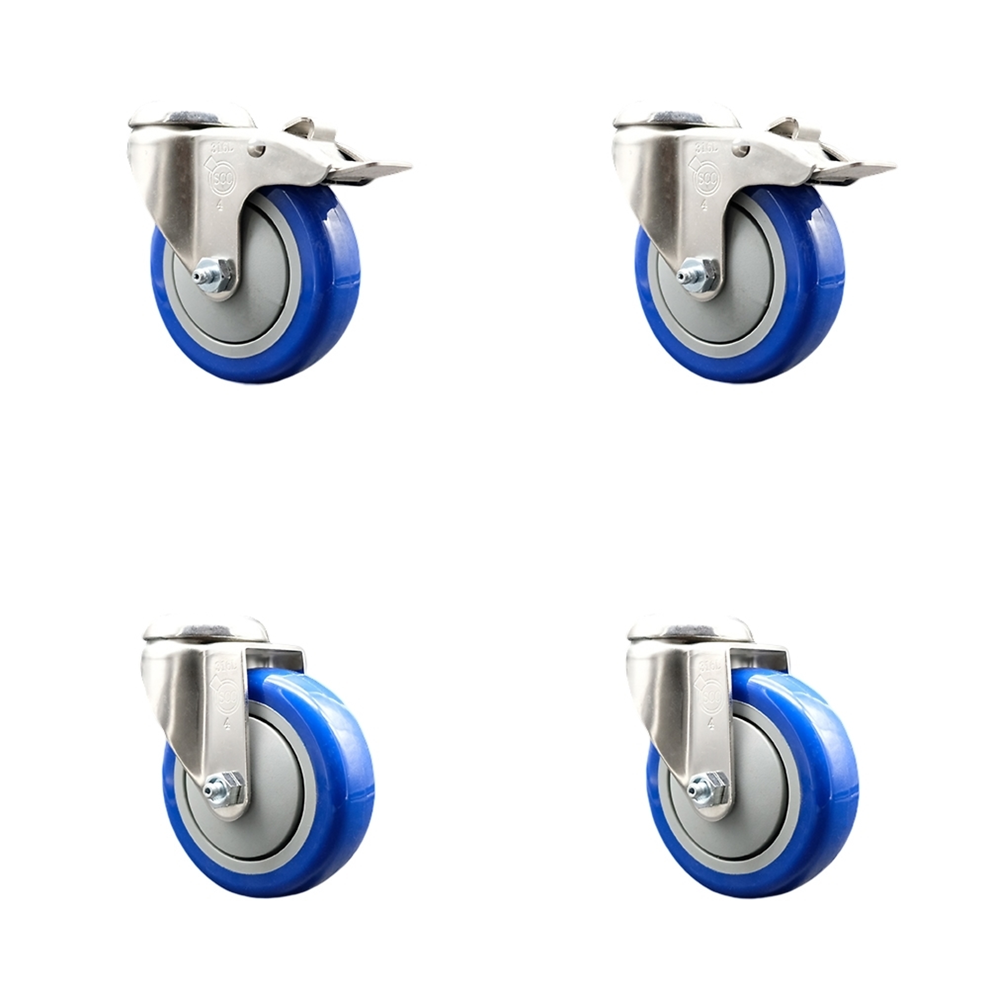 Service Caster, 4Inch x 1 1/4Inch Stem Casters, Wheel Diameter 4 in, Caster Type Swivel, Package (qty.) 4, Model SCC-SS316BHTTL20S414-PPUB-BLUE-2-S-2