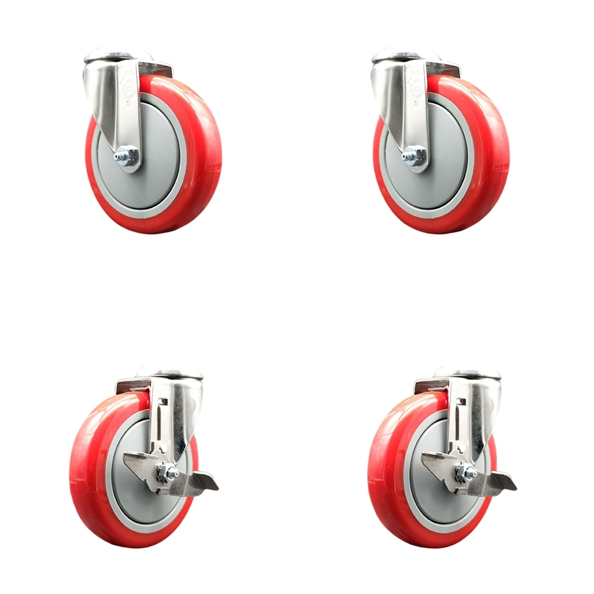 Service Caster, 5Inch x 1 1/4Inch Stem Casters, Wheel Diameter 5 in, Caster Type Swivel, Package (qty.) 4, Model SCC-SS316BH20S514-PPUB-RED-2-TLB-2