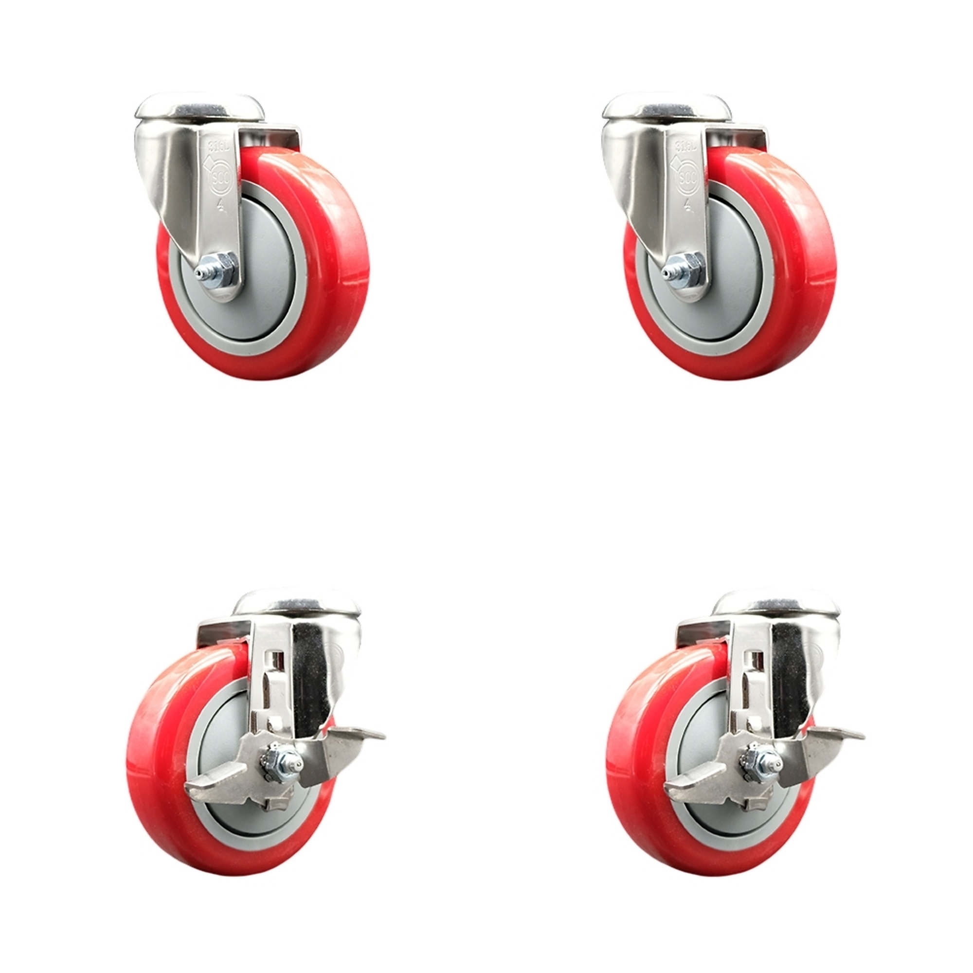 Service Caster, 4Inch x 1 1/4Inch Stem Casters, Wheel Diameter 4 in, Caster Type Swivel, Package (qty.) 4, Model SCC-SS316BH20S414-PPUB-RED-2-TLB-2