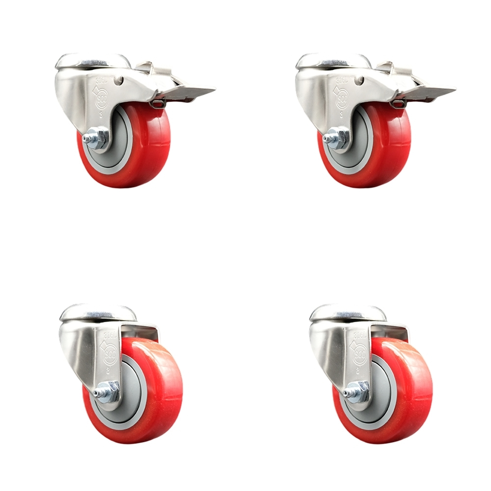 Service Caster, 3Inch x 1 1/4Inch Stem Casters, Wheel Diameter 3 in, Caster Type Swivel, Package (qty.) 4, Model SCC-SS316BHTTL20S314-PPUB-RED-2-S-2