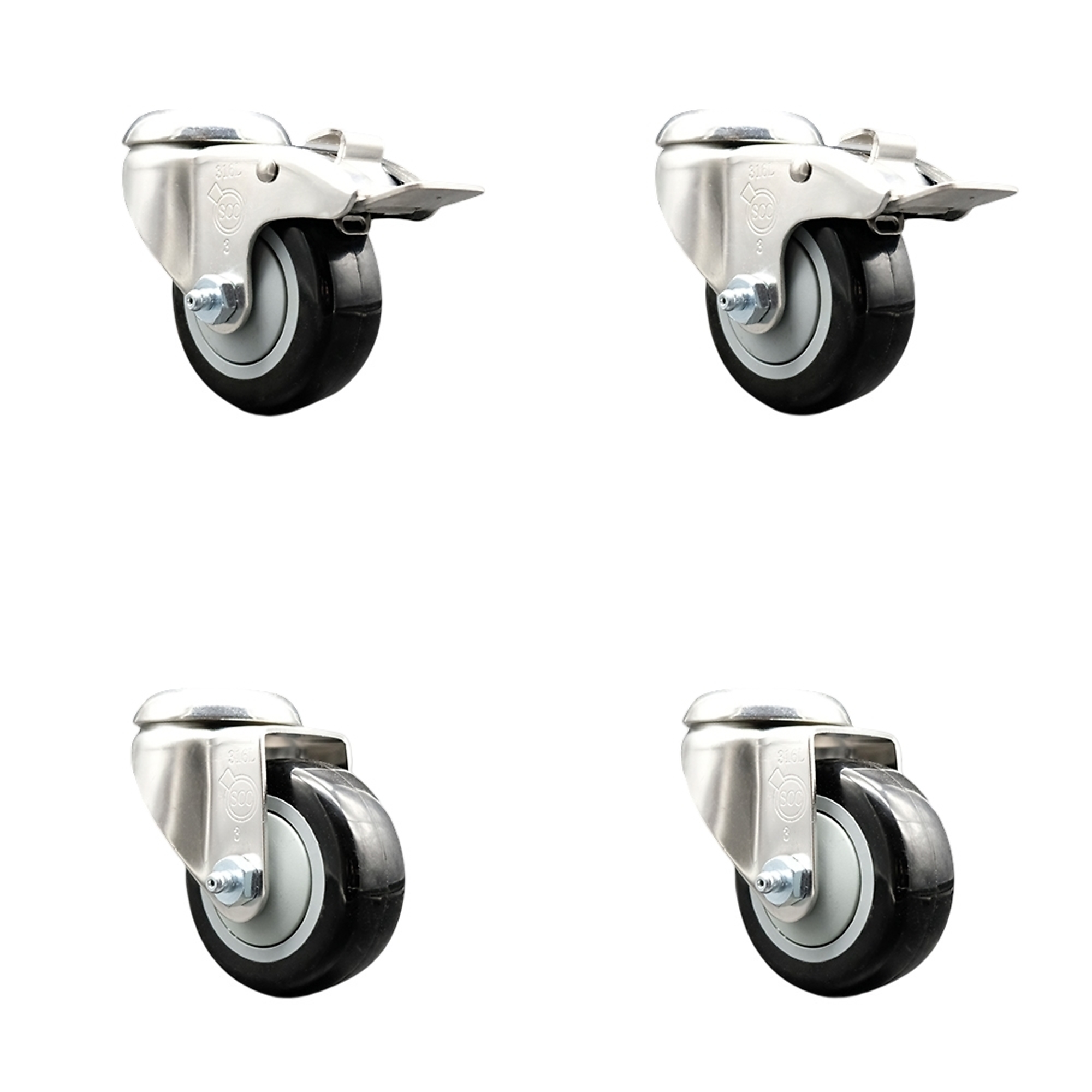 Service Caster, 3Inch x 1 1/4Inch Stem Casters, Wheel Diameter 3 in, Caster Type Swivel, Package (qty.) 4, Model SCC-SS316BHTTL20S314-PPUB-BLK-2-S-2