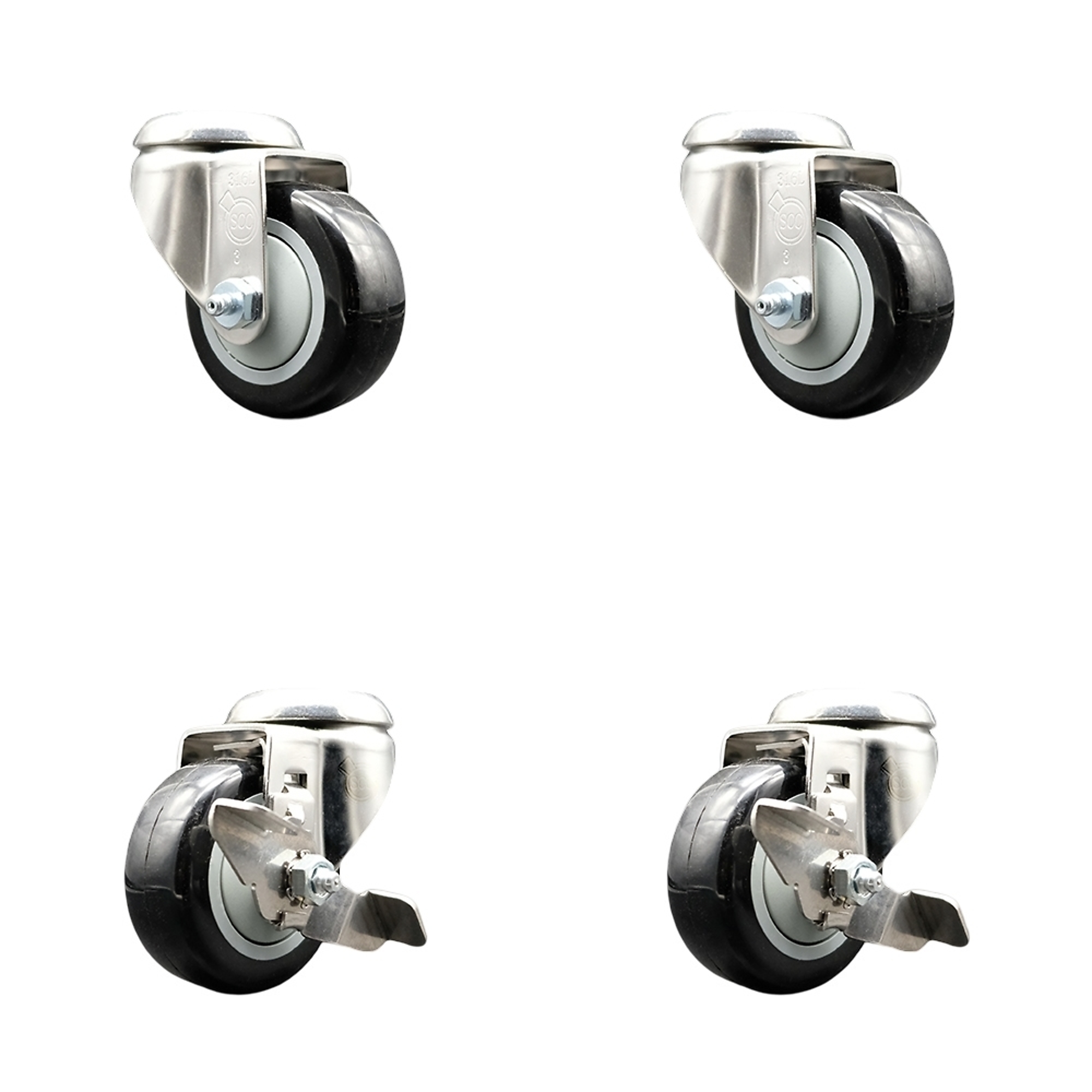 Service Caster, 3Inch x 1 1/4Inch Stem Casters, Wheel Diameter 3 in, Caster Type Swivel, Package (qty.) 4, Model SCC-SS316BH20S314-PPUB-BLK-2-TLB-2