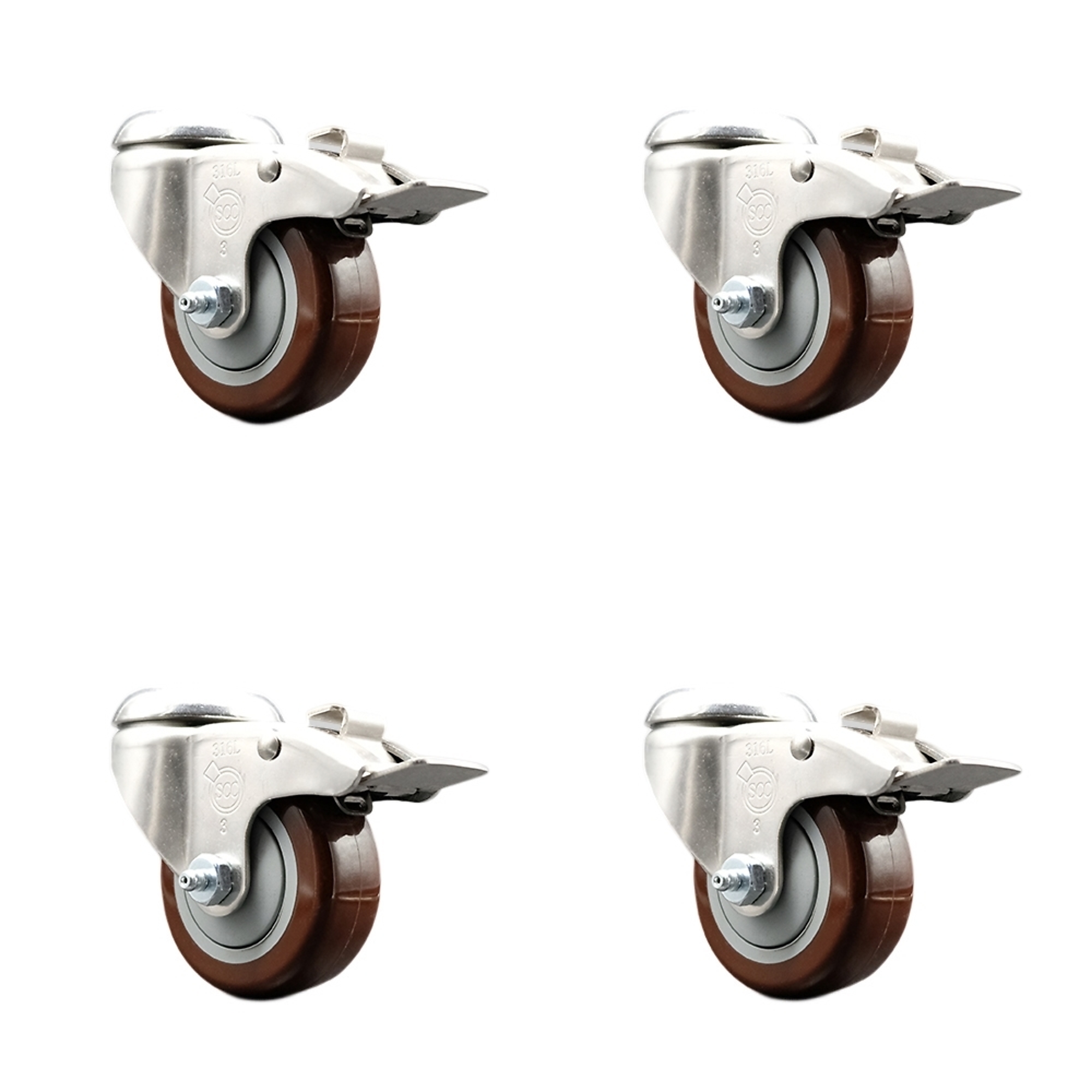 Service Caster, 3Inch x 1 1/4Inch Stem Casters, Wheel Diameter 3 in, Caster Type Swivel, Package (qty.) 4, Model SCC-SS316BHTTL20S314-PPUB-MRN-4