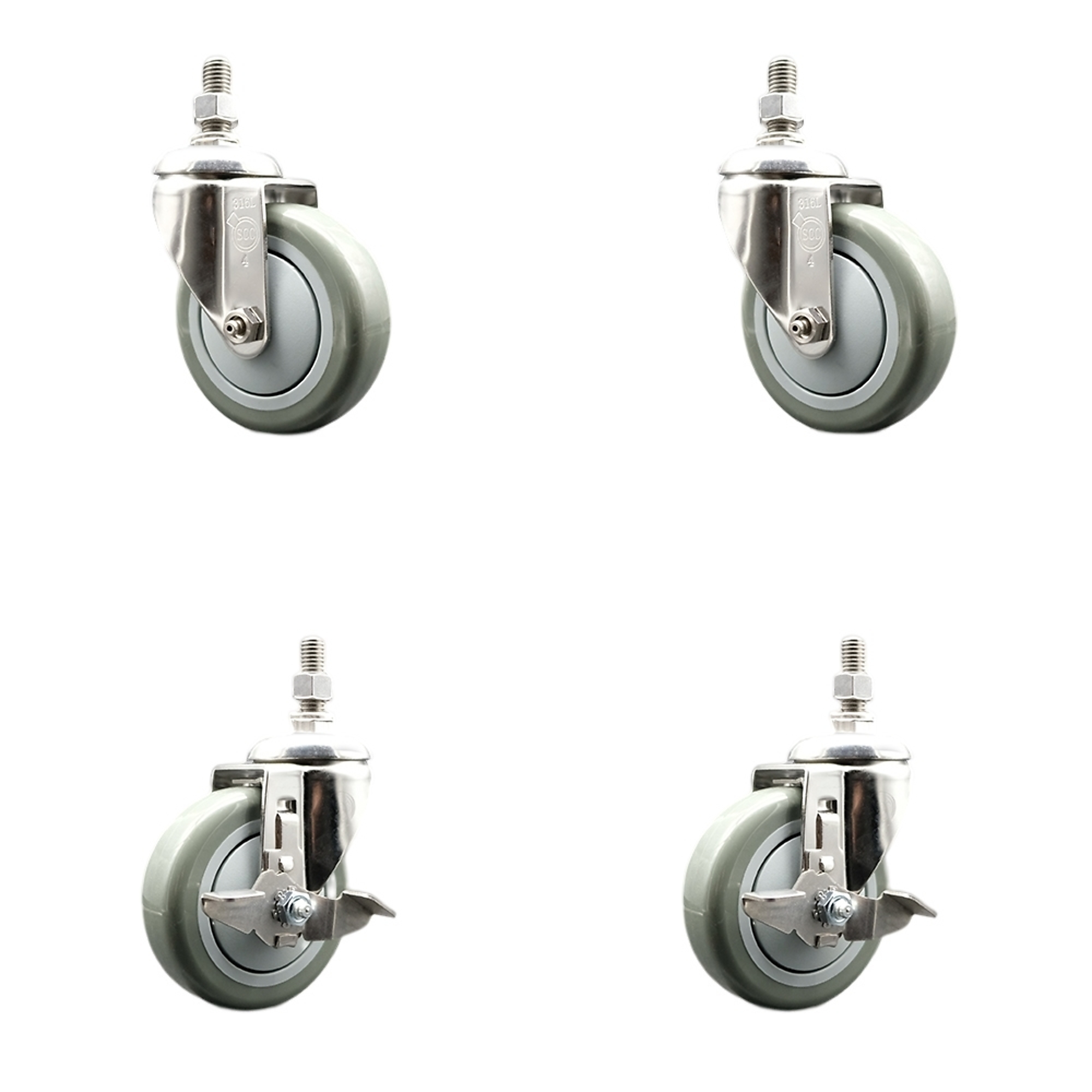 Service Caster, 4Inch x 1 1/4Inch Stem Casters, Wheel Diameter 4 in, Caster Type Swivel, Package (qty.) 4, Model SCC-SS316TS20S414-PPUB-121315-2-TLB2