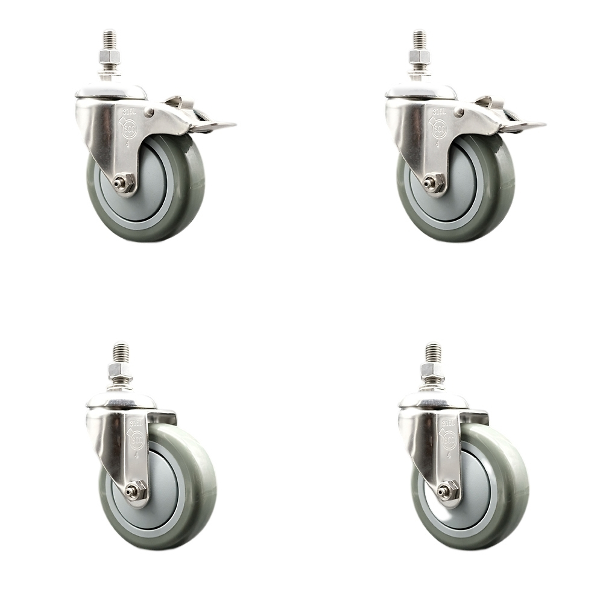 Service Caster, 4Inch x 1 1/4Inch Stem Casters, Wheel Diameter 4 in, Caster Type Swivel, Package (qty.) 4, Model SCC-SS316TSTTL20S414-PPUB-121315-2S2