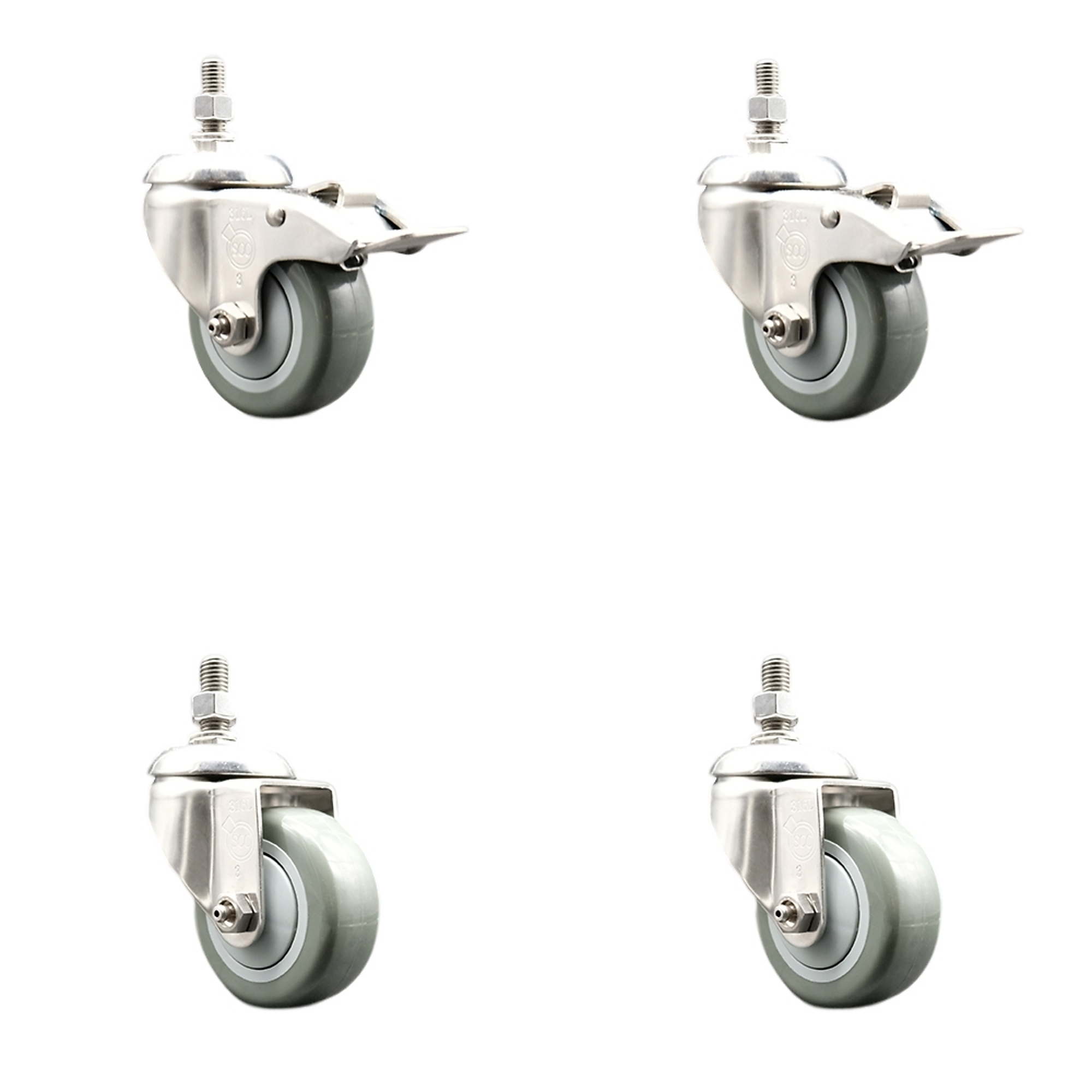 Service Caster, 3 1/2Inch x 1 1/4Inch Stem Casters, Wheel Diameter 3.5 in, Caster Type Swivel, Package (qty.) 4, Model SS316TSTTL20S3514-PPUB-381615-2