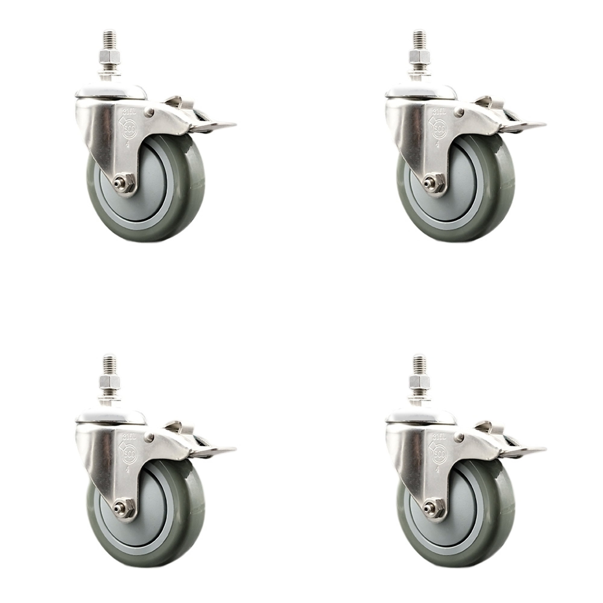 Service Caster, 4Inch x 1 1/4Inch Stem Casters, Wheel Diameter 4 in, Caster Type Swivel, Package (qty.) 4, Model SCC-SS316TSTTL20S414-PPUB-121315-4