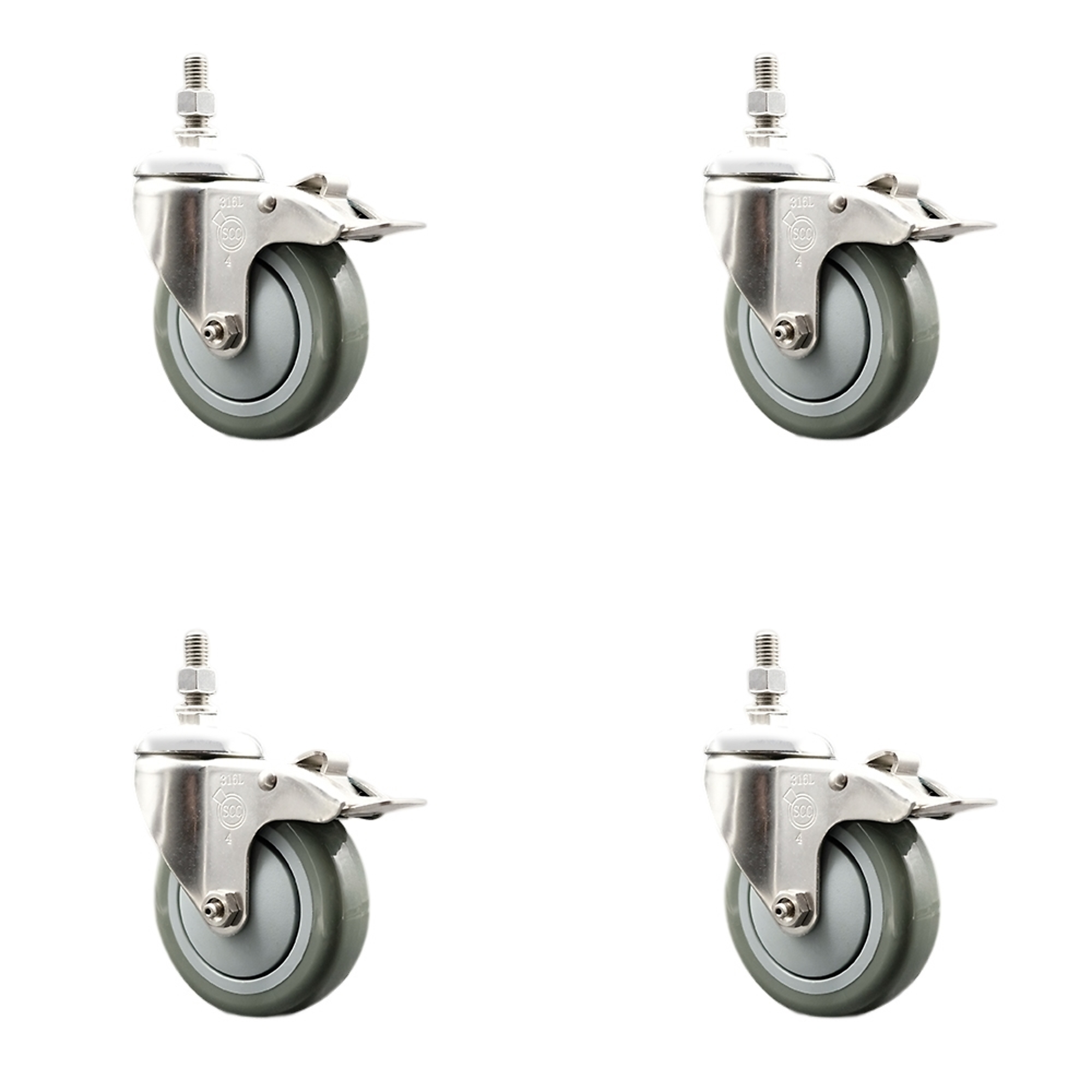 Service Caster, 4Inch x 1 1/4Inch Stem Casters, Wheel Diameter 4 in, Caster Type Swivel, Package (qty.) 4, Model SCC-SS316TSTTL20S414-PPUB-381615-4