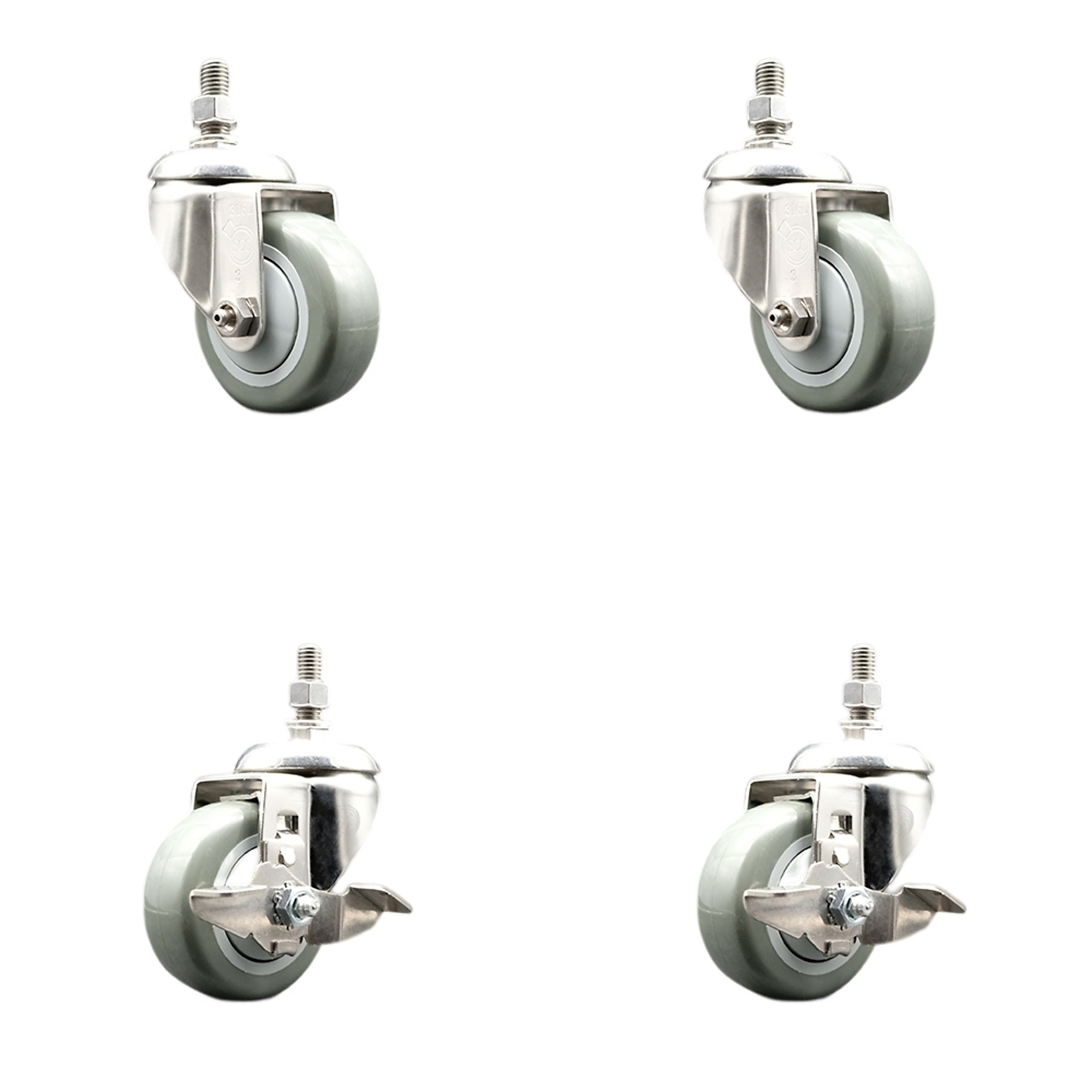 Service Caster, 3Inch x 1 1/4Inch Stem Casters, Wheel Diameter 3 in, Caster Type Swivel, Package (qty.) 4, Model SCC-SS316TS20S314-PPUB-M1015-2-TLB-2