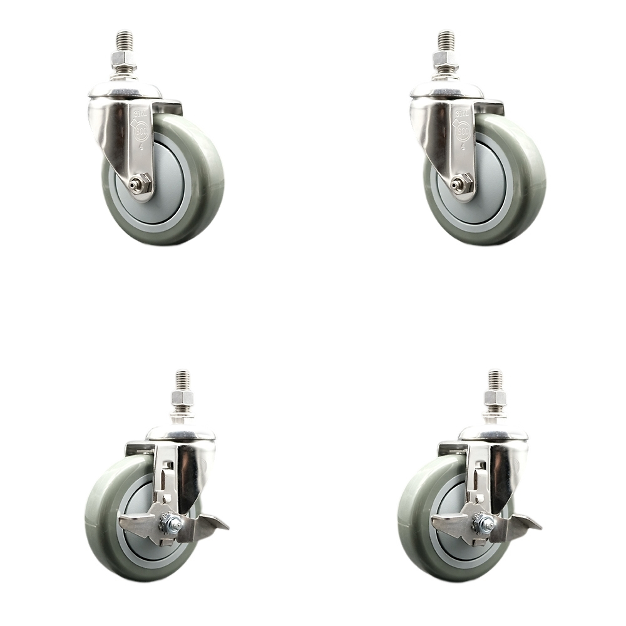 Service Caster, 4Inch x 1 1/4Inch Stem Casters, Wheel Diameter 4 in, Caster Type Swivel, Package (qty.) 4, Model SCC-SS316TS20S414-PPUB-381615-2-TLB2