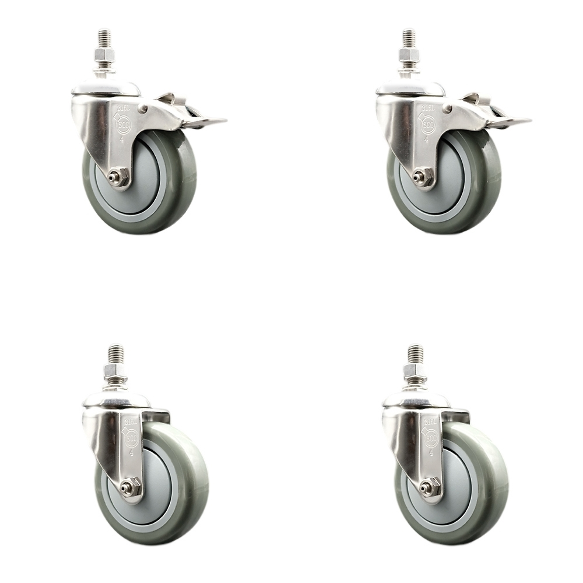 Service Caster, 4Inch x 1 1/4Inch Stem Casters, Wheel Diameter 4 in, Caster Type Swivel, Package (qty.) 4, Model SCC-SS316TSTTL20S414-PPUB-381615-2S2