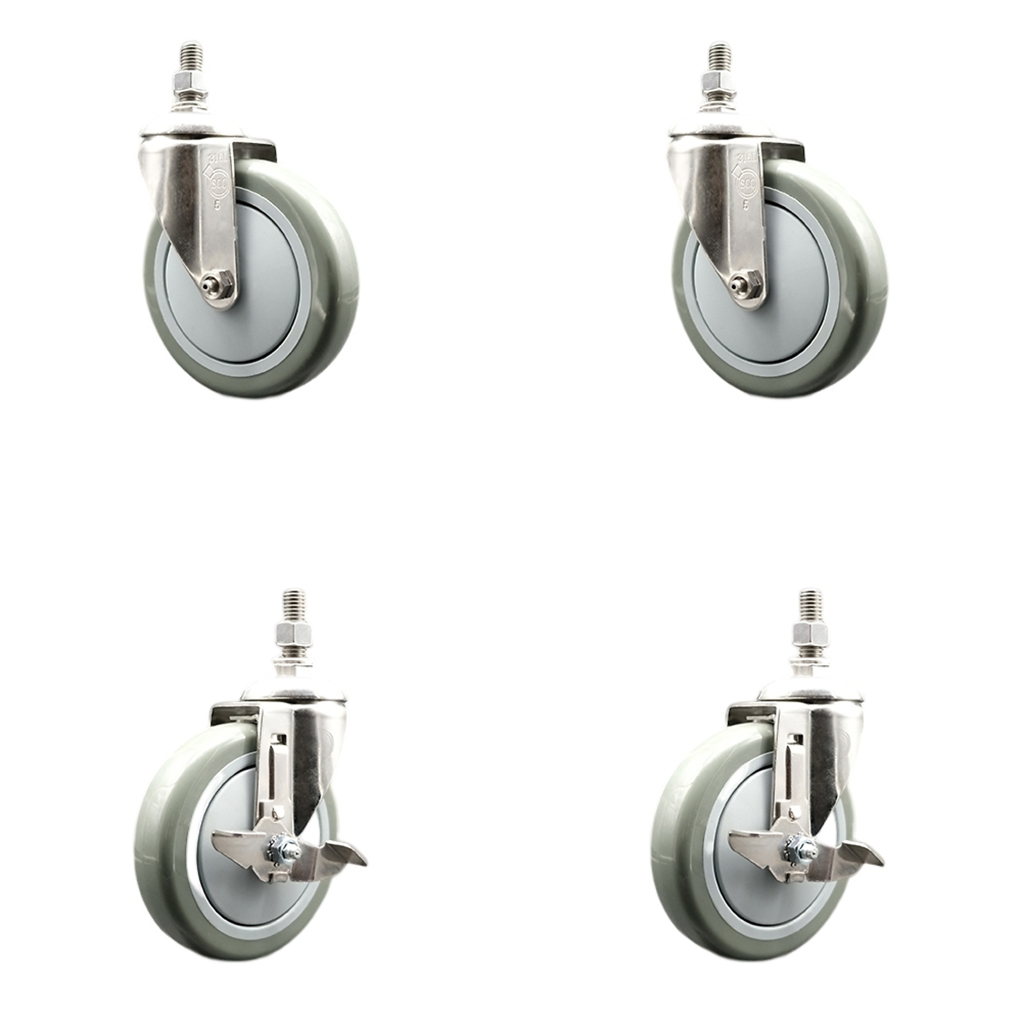 Service Caster, 5Inch x 1 1/4Inch Stem Casters, Wheel Diameter 5 in, Caster Type Swivel, Package (qty.) 4, Model SCC-SS316TS20S514-PPUB-M1015-2-TLB-2