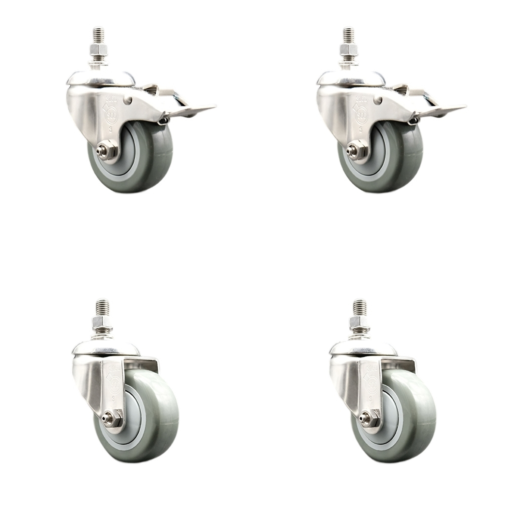 Service Caster, 3Inch x 1 1/4Inch Stem Casters, Wheel Diameter 3 in, Caster Type Swivel, Package (qty.) 4, Model SCC-SS316TSTTL20S314-PPUB-M1015-2-S2