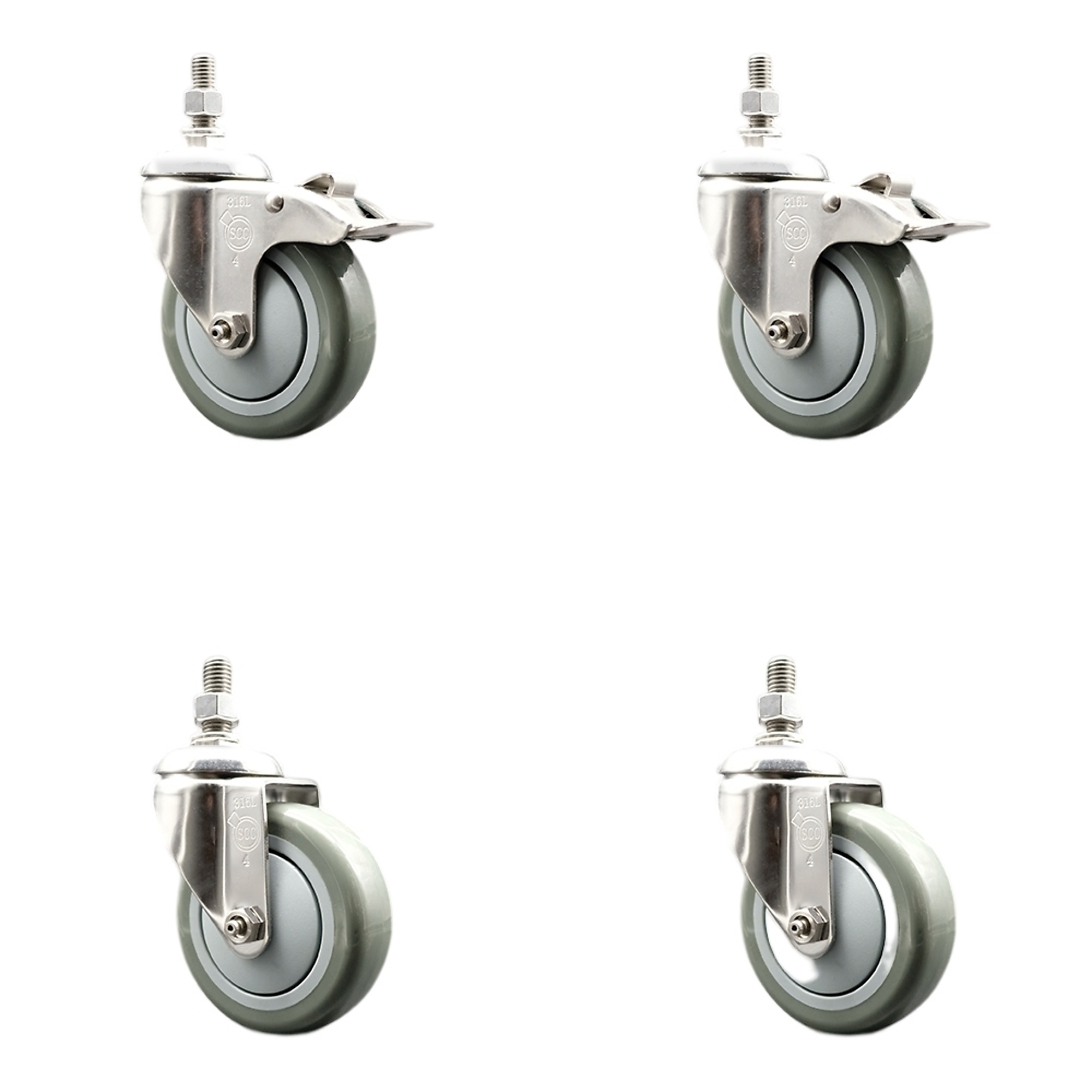 Service Caster, 4Inch x 1 1/4Inch Stem Casters, Wheel Diameter 4 in, Caster Type Swivel, Package (qty.) 4, Model SCC-SS316TSTTL20S414-PPUB-M1015-2-S2