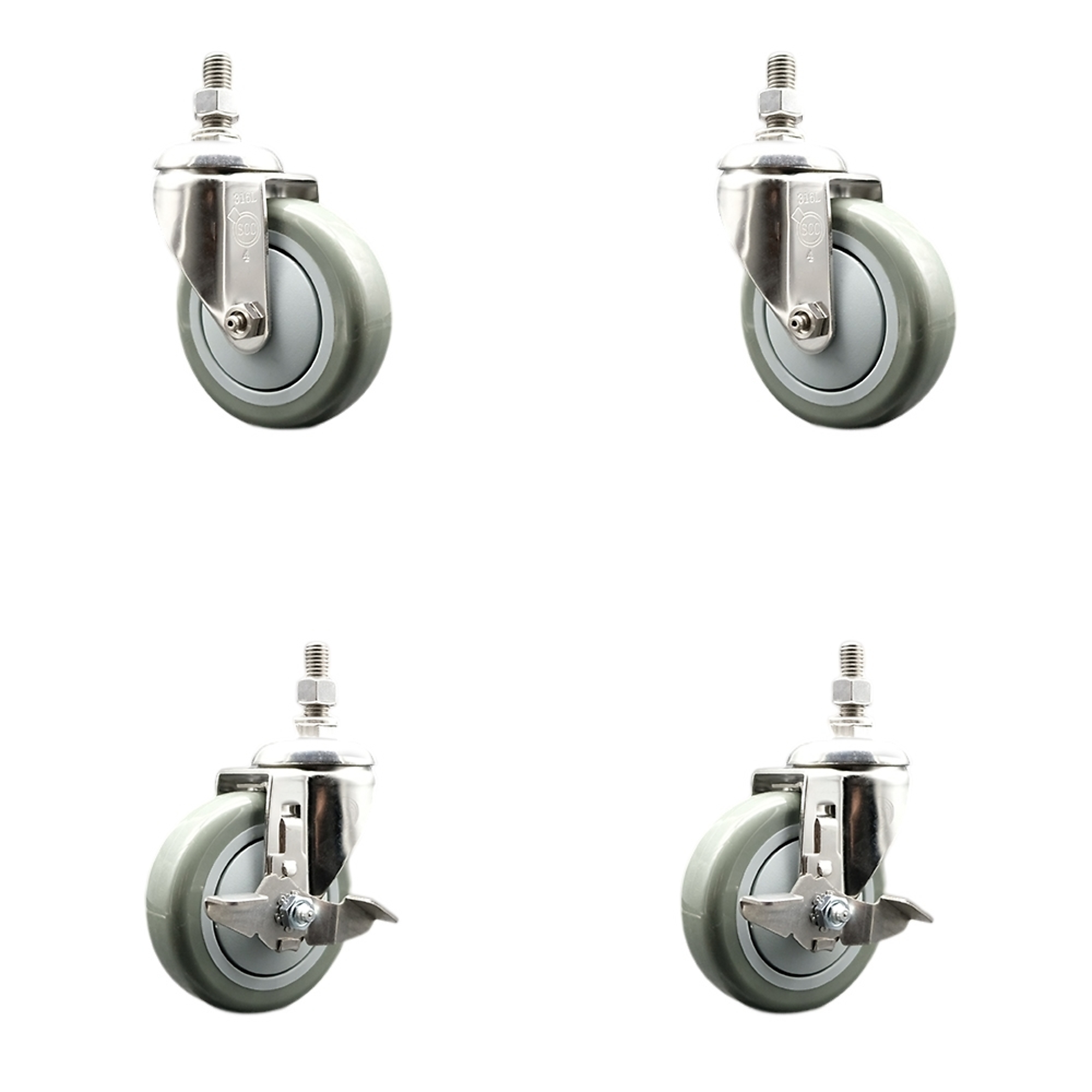 Service Caster, 4Inch x 1 1/4Inch Stem Casters, Wheel Diameter 4 in, Caster Type Swivel, Package (qty.) 4, Model SCC-SS316TS20S414-PPUB-M1015-2-TLB-2