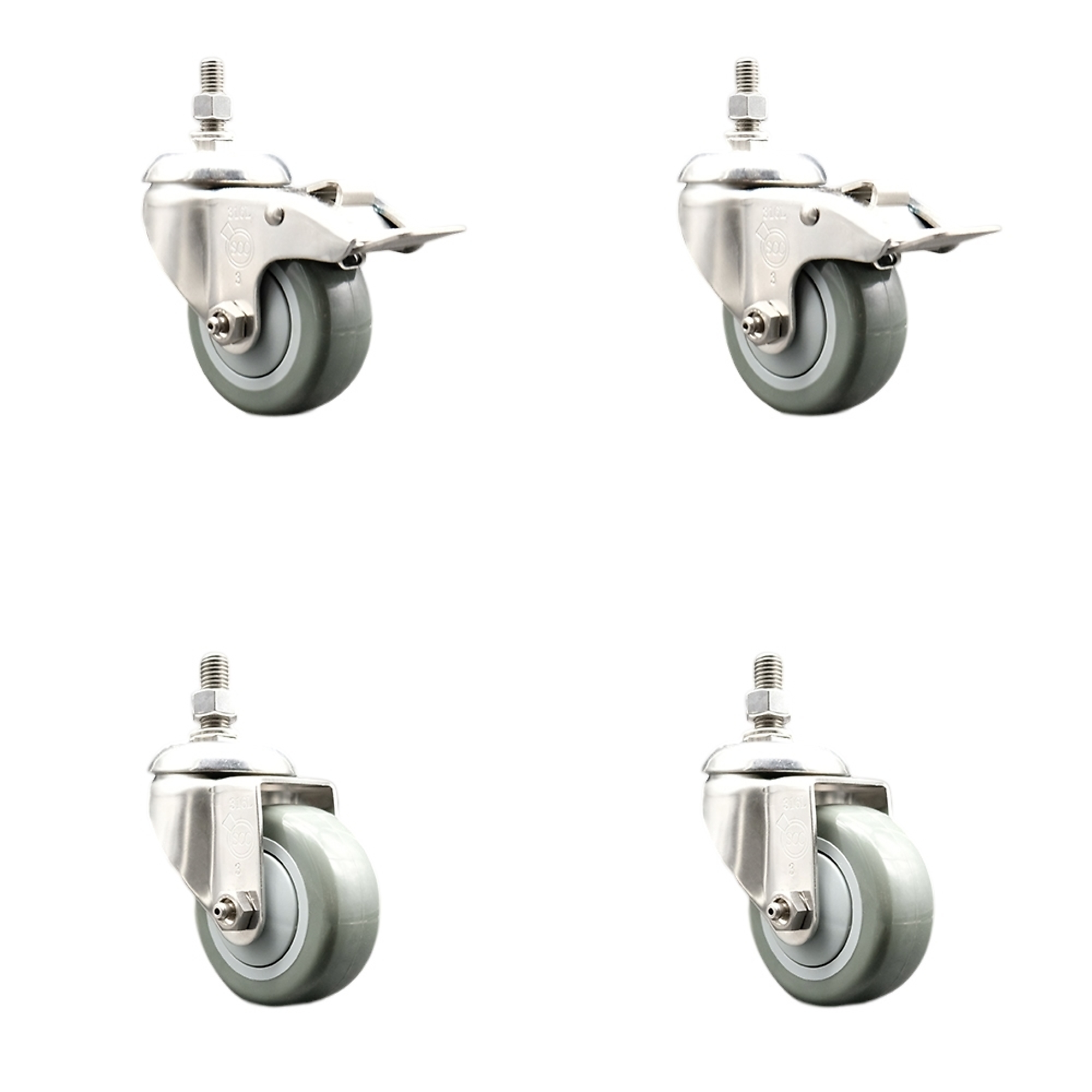 Service Caster, 3Inch x 1 1/4Inch Stem Casters, Wheel Diameter 3 in, Caster Type Swivel, Package (qty.) 4, Model SCC-SS316TSTTL20S314-PPUB-M1215-2-S2