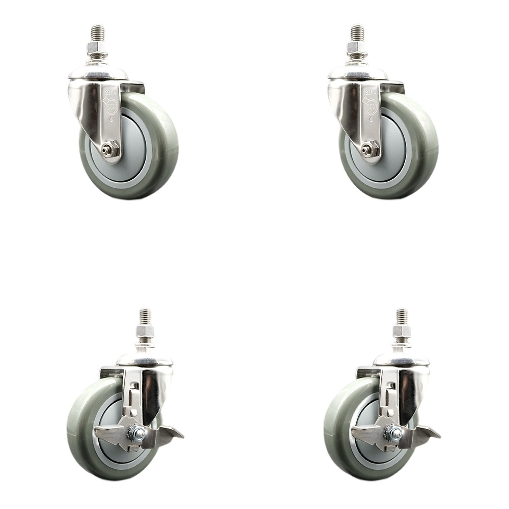 Service Caster, 4Inch x 1 1/4Inch Stem Casters, Wheel Diameter 4 in, Caster Type Swivel, Package (qty.) 4, Model SCC-SS316TS20S414-PPUB-M1215-2-TLB-2