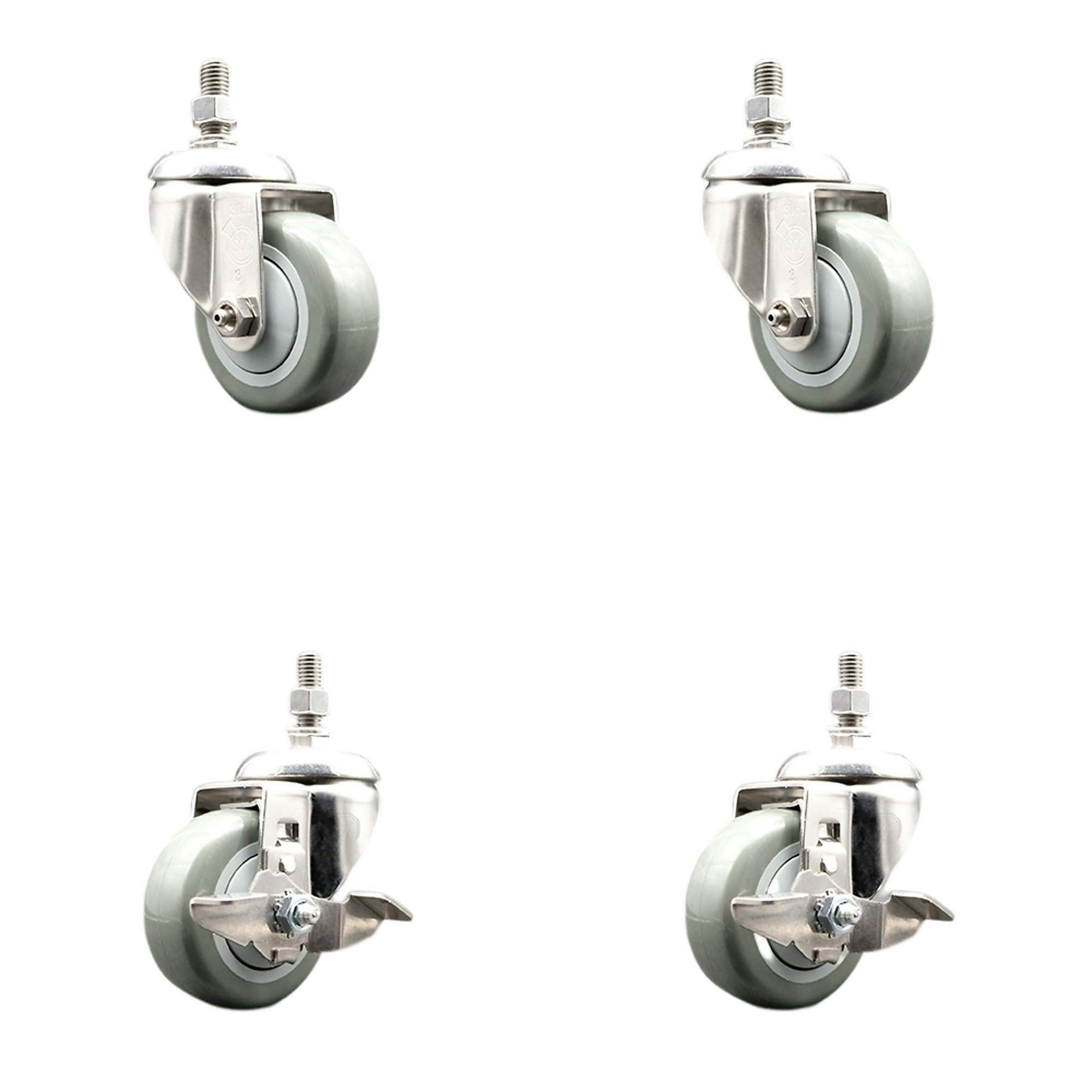 Service Caster, 3Inch x 1 1/4Inch Stem Casters, Wheel Diameter 3 in, Caster Type Swivel, Package (qty.) 4, Model SCC-SS316TS20S314-PPUB-M1215-2-TLB-2