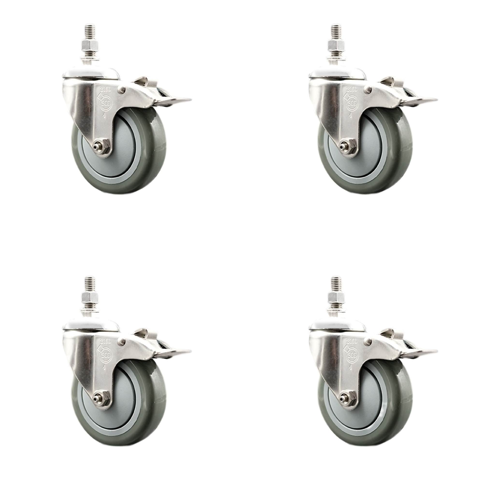 Service Caster, 4Inch x 1 1/4Inch Stem Casters, Wheel Diameter 4 in, Caster Type Swivel, Package (qty.) 4, Model SCC-SS316TSTTL20S414-PPUB-M1015-4