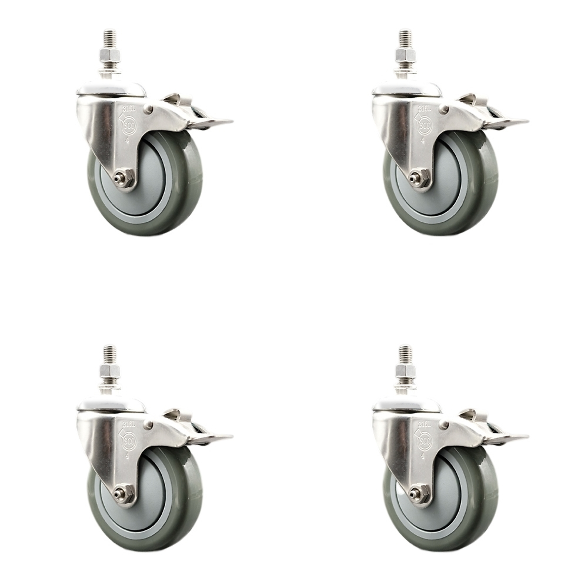 Service Caster, 4Inch x 1 1/4Inch Stem Casters, Wheel Diameter 4 in, Caster Type Swivel, Package (qty.) 4, Model SCC-SS316TSTTL20S414-PPUB-M1215-4