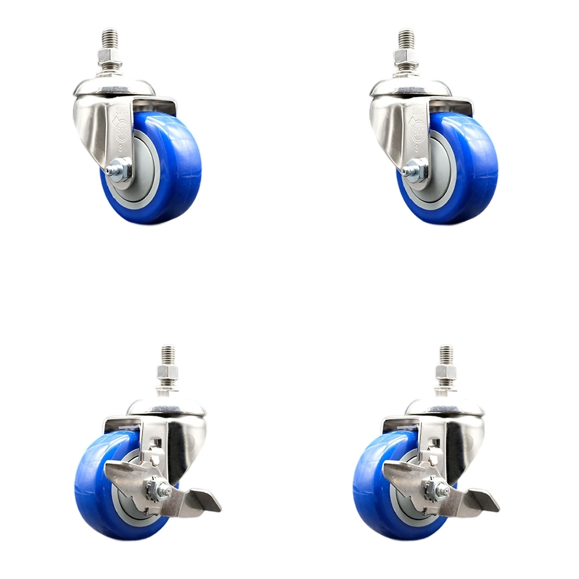 Service Caster, 3Inch x 1 1/4Inch Stem Casters, Wheel Diameter 3 in, Caster Type Swivel, Package (qty.) 4, Model SS316TS20S314-PPUB-BLUE-121315-2TLB2