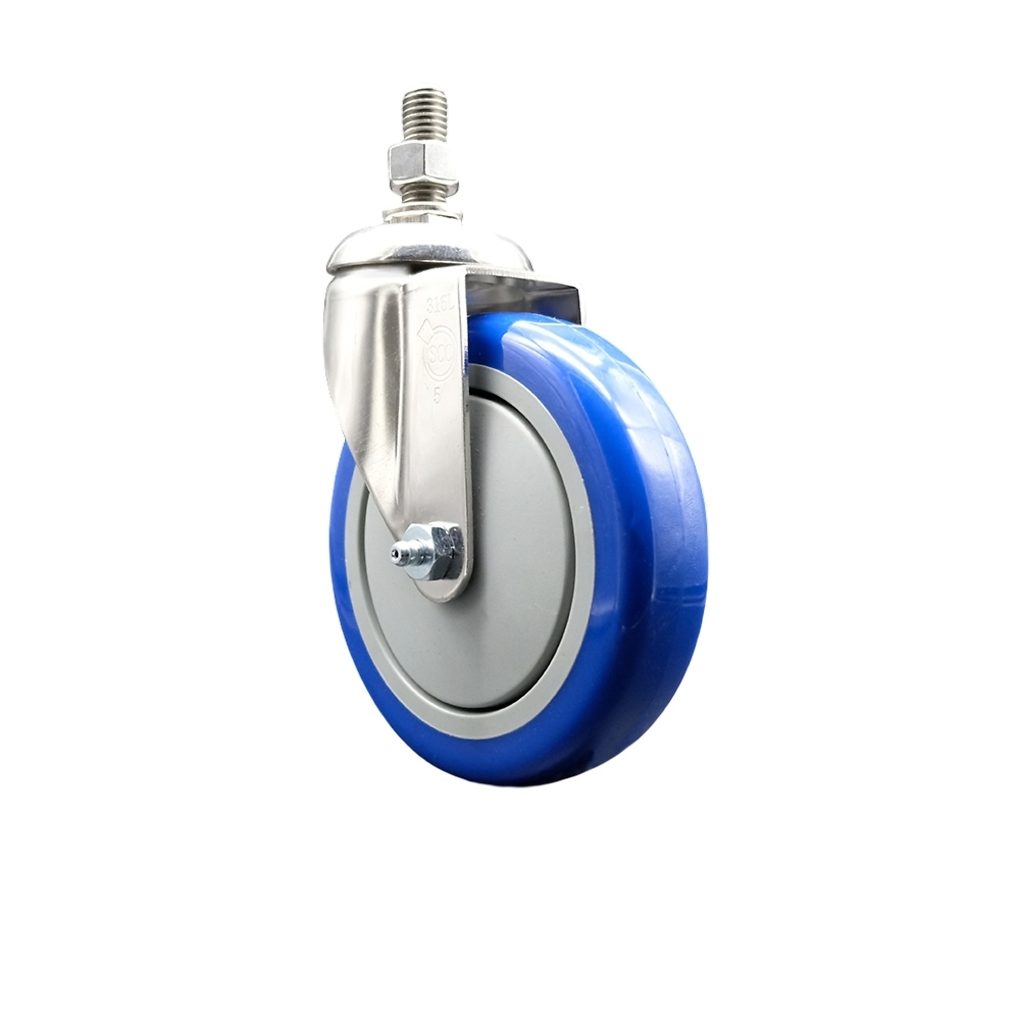 Service Caster, 5Inch x 1 1/4Inch Stem Caster, Wheel Diameter 5 in, Caster Type Swivel, Package (qty.) 1, Model SCC-SS316TS20S514-PPUB-BLUE-121315