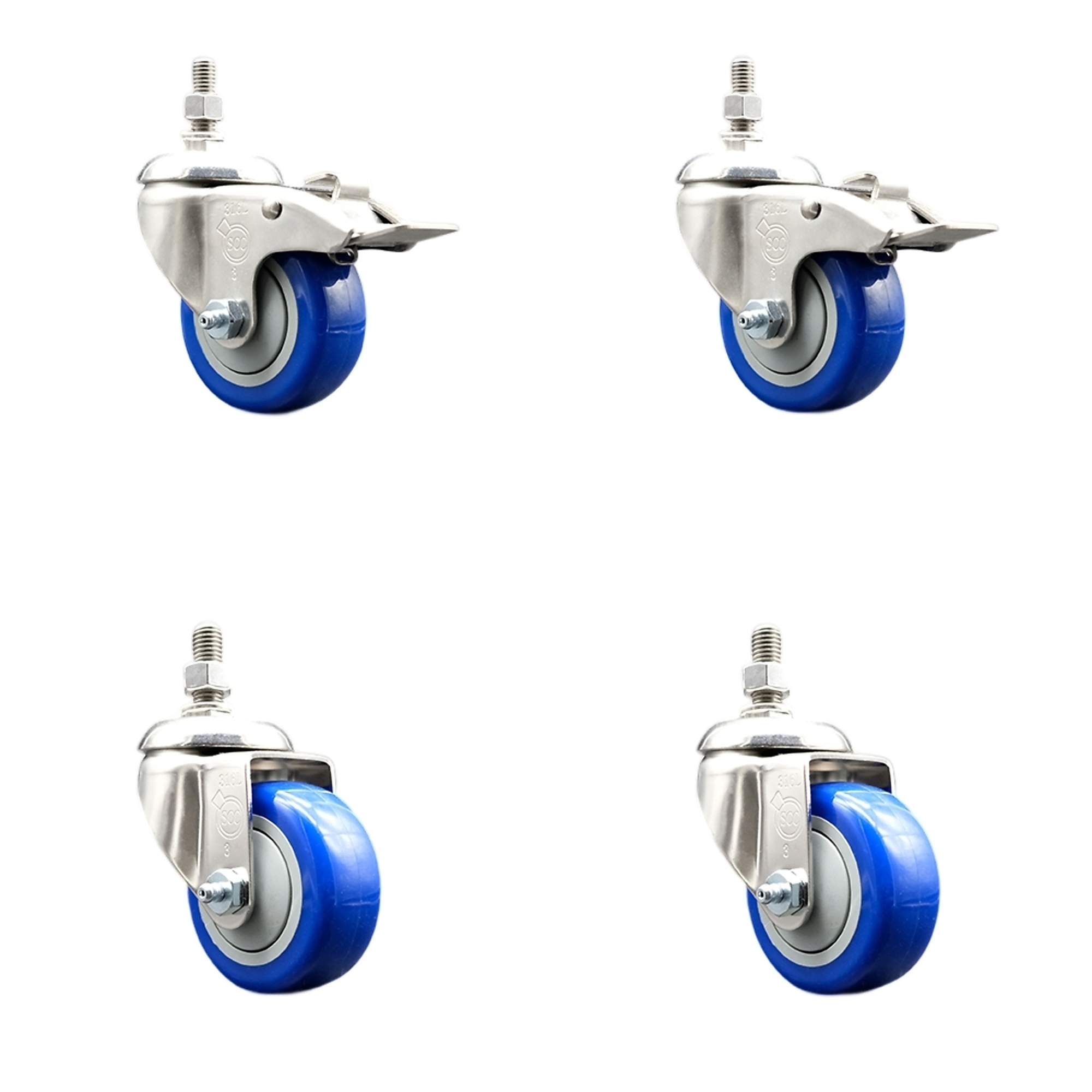 Service Caster, 3Inch x 1 1/4Inch Stem Caster, Wheel Diameter 3 in, Caster Type Swivel, Package (qty.) 4, Model SS316TSTTL20S314-PPUBBLUE-121315-2S2