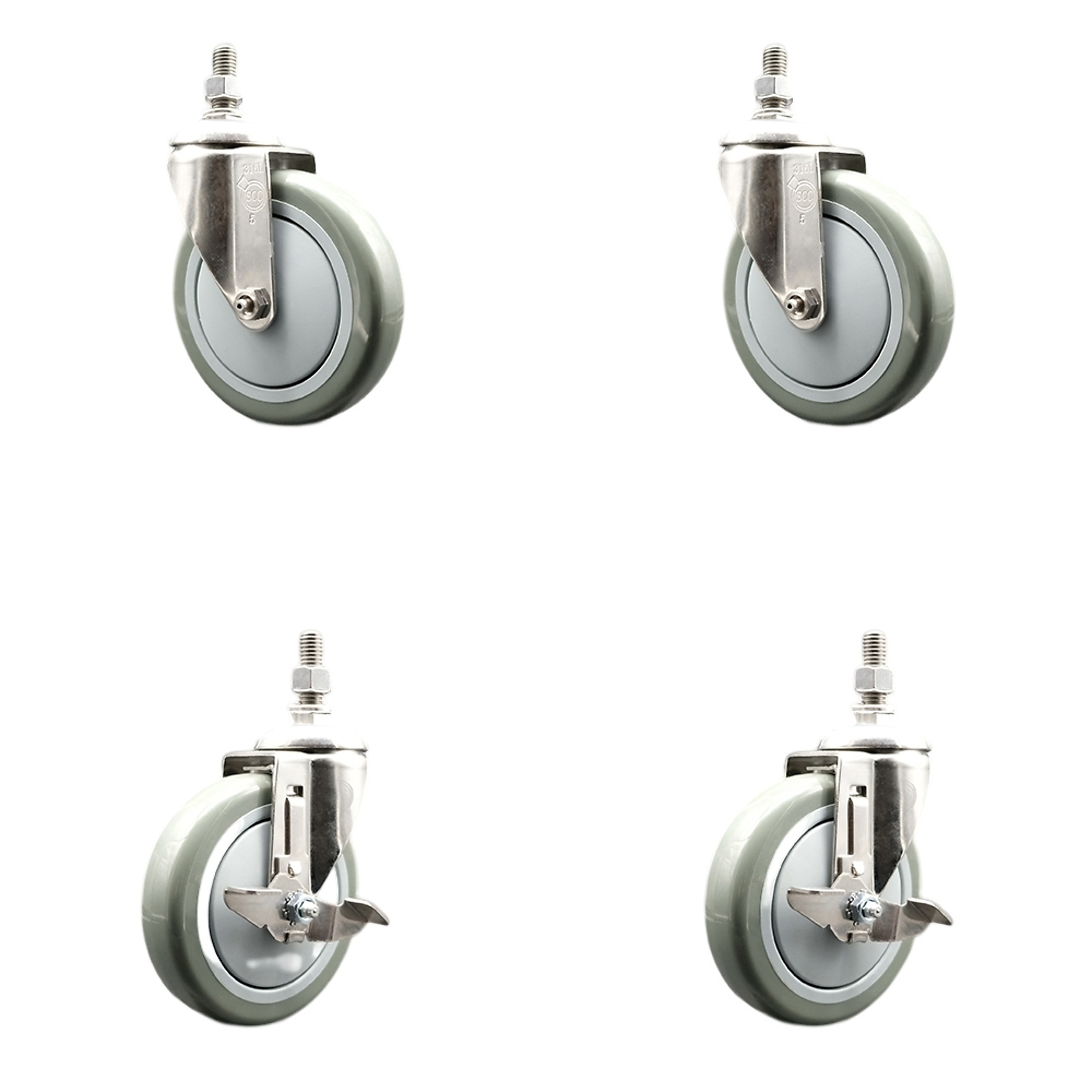 Service Caster, 5Inch x 1 1/4Inch Stem Casters, Wheel Diameter 5 in, Caster Type Swivel, Package (qty.) 4, Model SCC-SS316TS20S514-PPUB-M1215-2-TLB-2