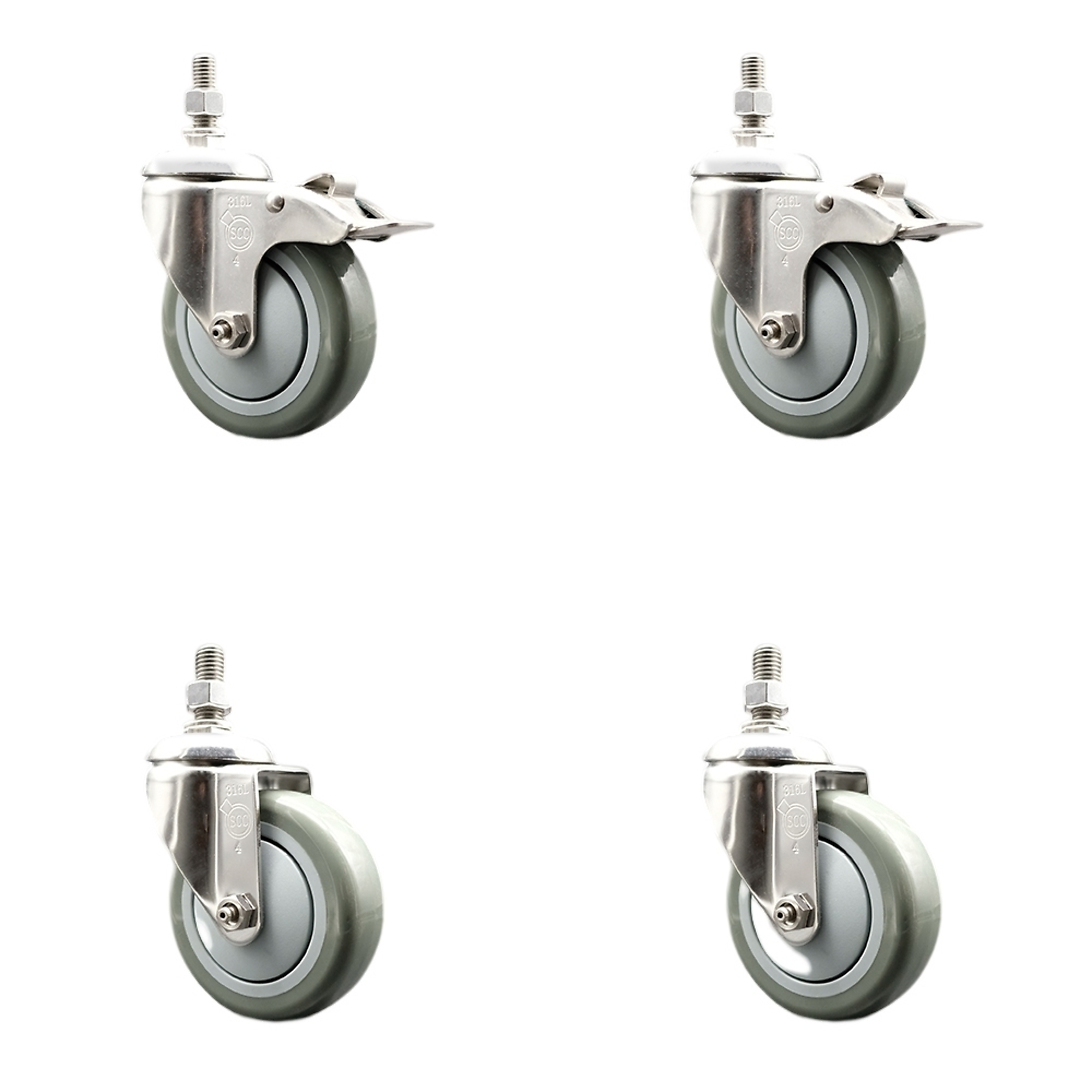 Service Caster, 4Inch x 1 1/4Inch Stem Casters, Wheel Diameter 4 in, Caster Type Swivel, Package (qty.) 4, Model SCC-SS316TSTTL20S414-PPUB-M1215-2-S2