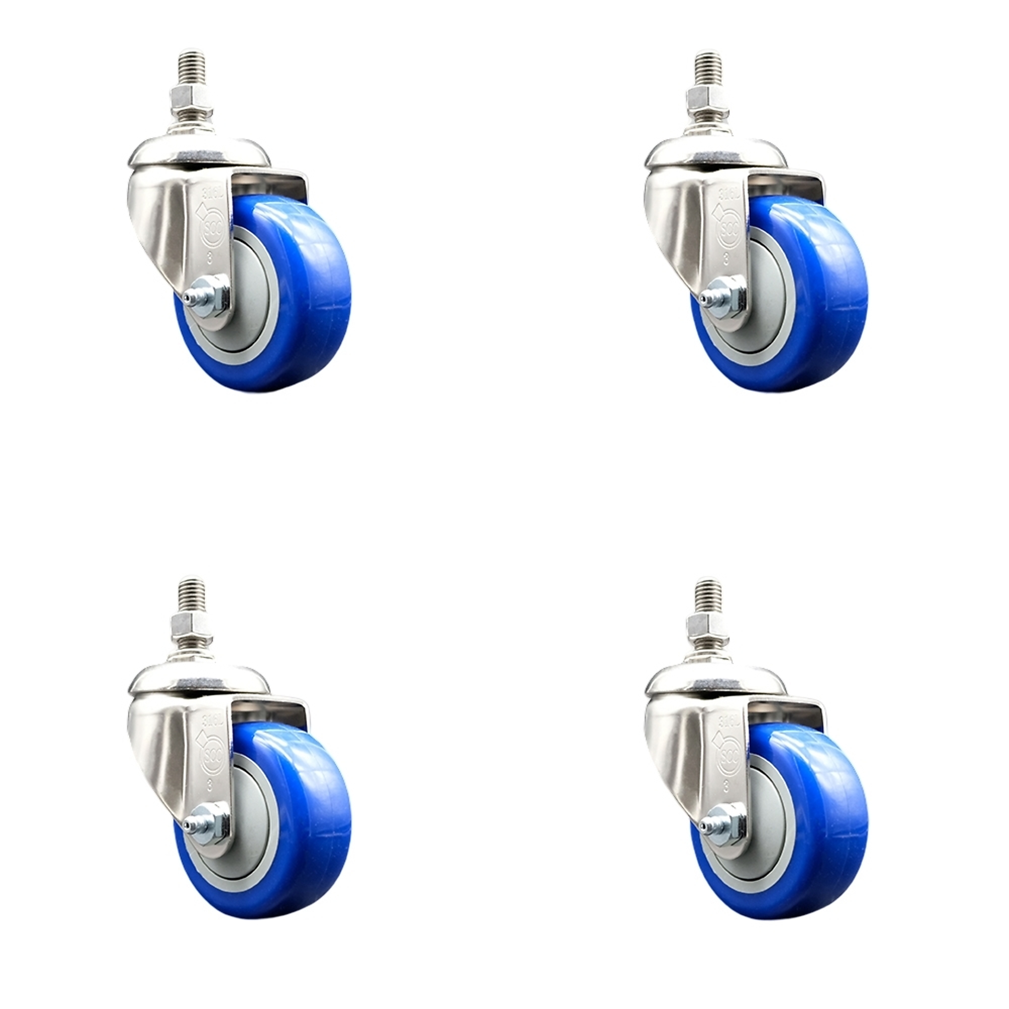 Service Caster, 3Inch x 1 1/4Inch Stem Casters, Wheel Diameter 3 in, Caster Type Swivel, Package (qty.) 4, Model SCC-SS316TS20S314-PPUB-BLUE-121315-4