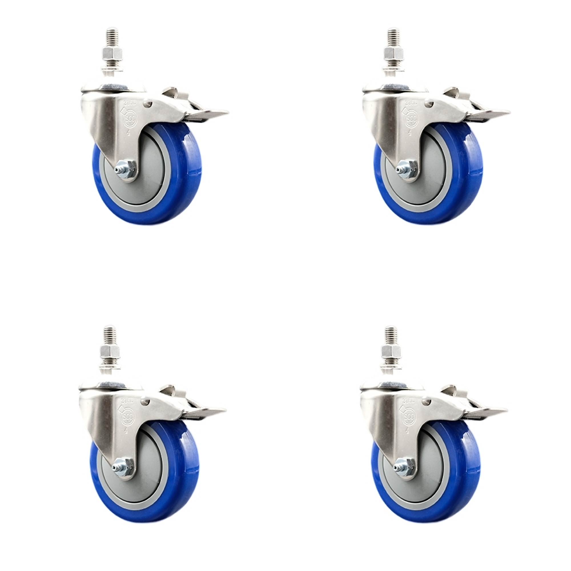 Service Caster, 4Inch x 1 1/4Inch Stem Casters, Wheel Diameter 4 in, Caster Type Swivel, Package (qty.) 4, Model SS316TSTTL20S414-PPUB-BLUE-121315-4