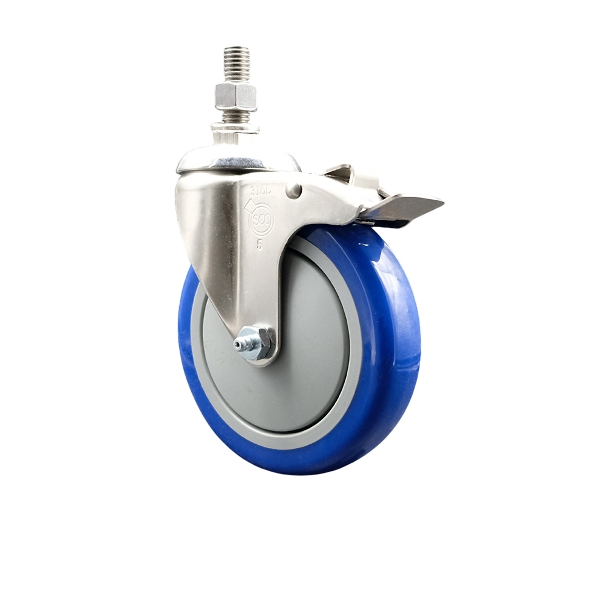 Service Caster, 5Inch x 1 1/4Inch Stem Casters, Wheel Diameter 5 in, Caster Type Swivel, Package (qty.) 1, Model SS316TSTTL20S514-PPUB-BLUE-121315