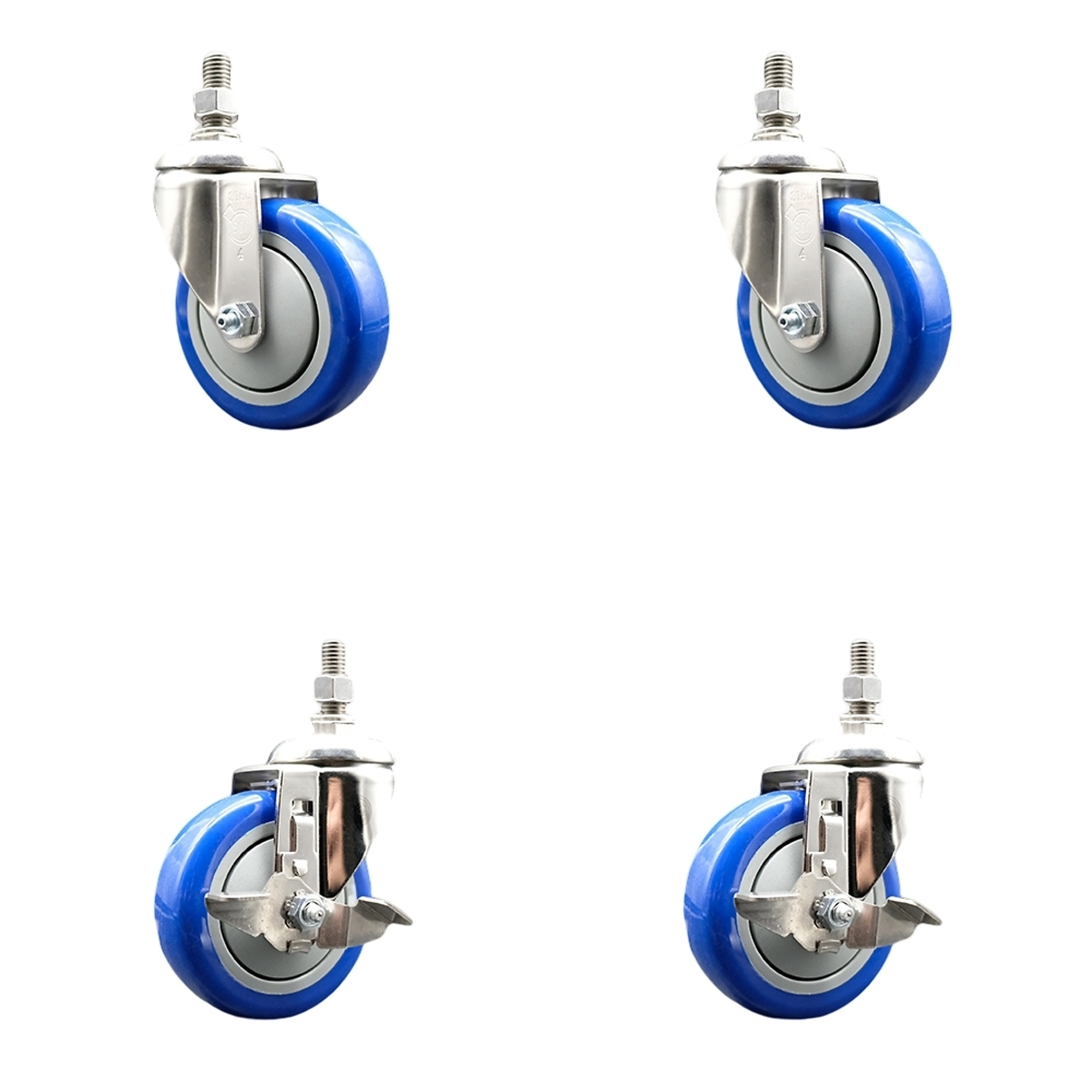 Service Caster, 4Inch x 1 1/4Inch Stem Casters, Wheel Diameter 4 in, Caster Type Swivel, Package (qty.) 4, Model SS316TS20S414-PPUB-BLUE-121315-2TLB2