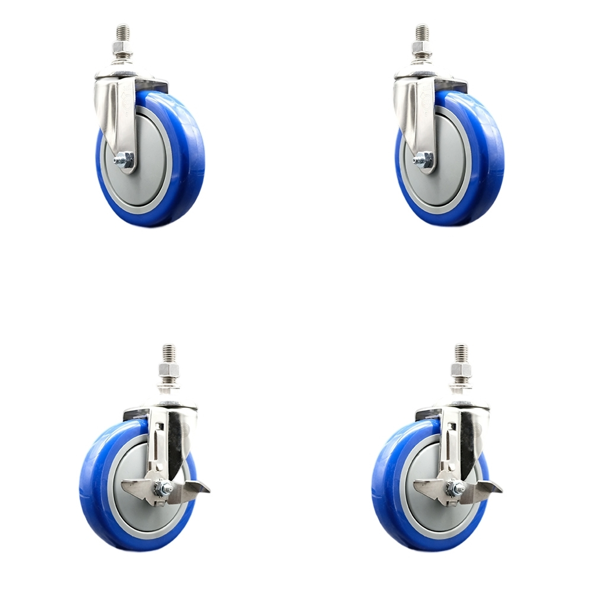 Service Caster, 5Inch x 1 1/4Inch Stem Casters, Wheel Diameter 5 in, Caster Type Swivel, Package (qty.) 4, Model SS316TS20S514-PPUB-BLUE-121315-2TLB2