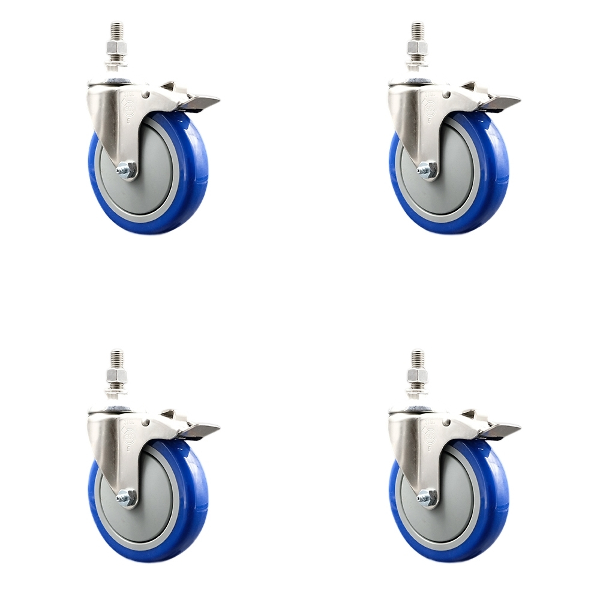 Service Caster, 5Inch x 1 1/4Inch Stem Casters, Wheel Diameter 5 in, Caster Type Swivel, Package (qty.) 4, Model SS316TSTTL20S514-PPUB-BLUE-121315-4