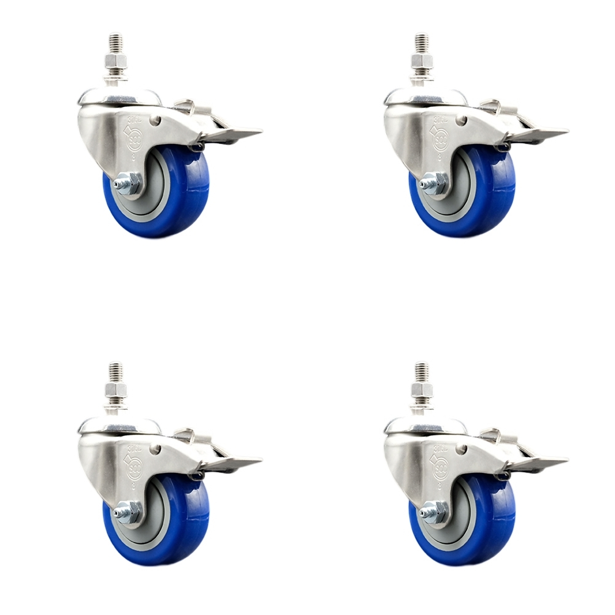 Service Caster, 3Inch x 1 1/4Inch Stem Casters, Wheel Diameter 3 in, Caster Type Swivel, Package (qty.) 4, Model SS316TSTTL20S314-PPUB-BLUE-381615-4