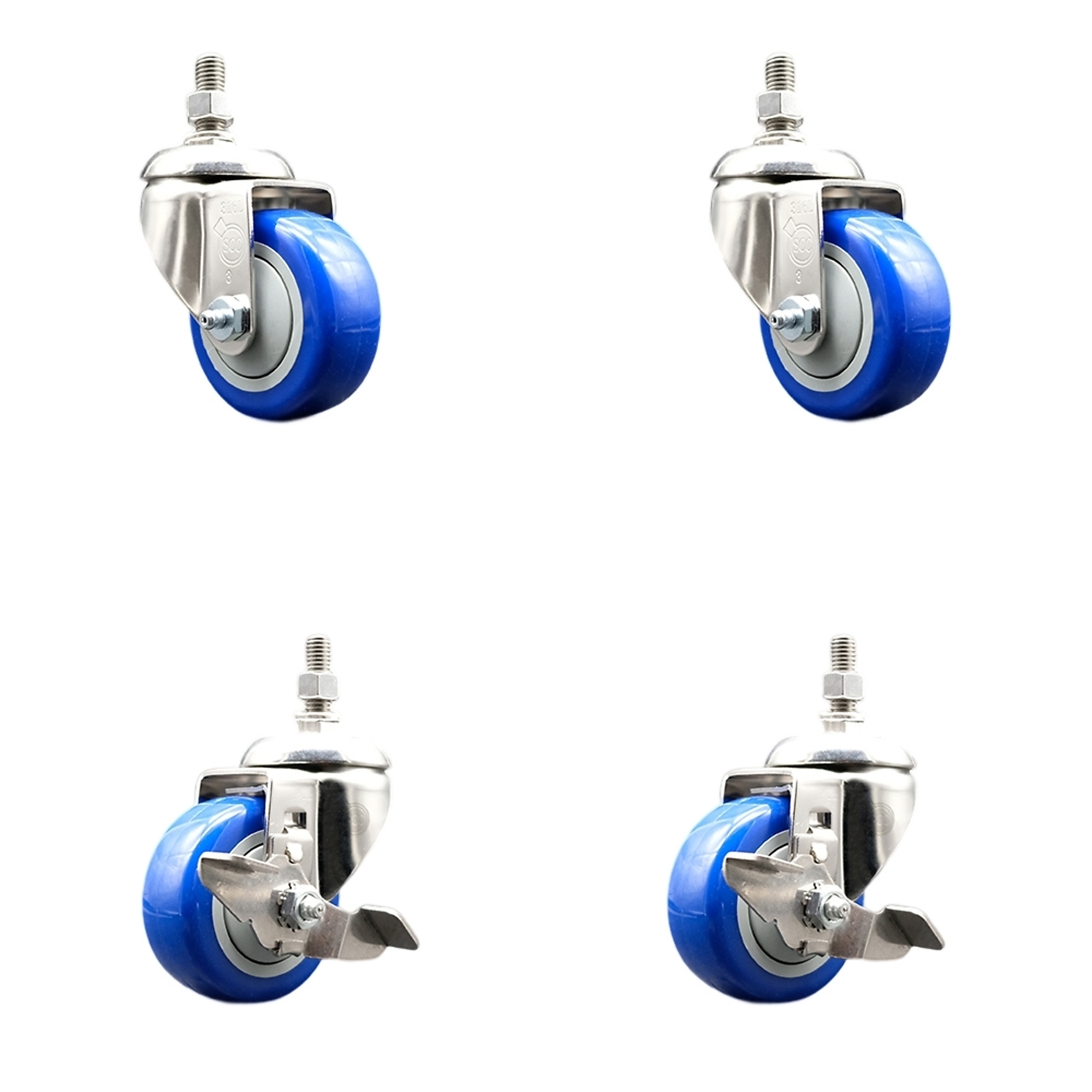 Service Caster, 3Inch x 1 1/4Inch Stem Casters, Wheel Diameter 3 in, Caster Type Swivel, Package (qty.) 4, Model SS316TS20S314-PPUB-BLUE-381615-2TLB2