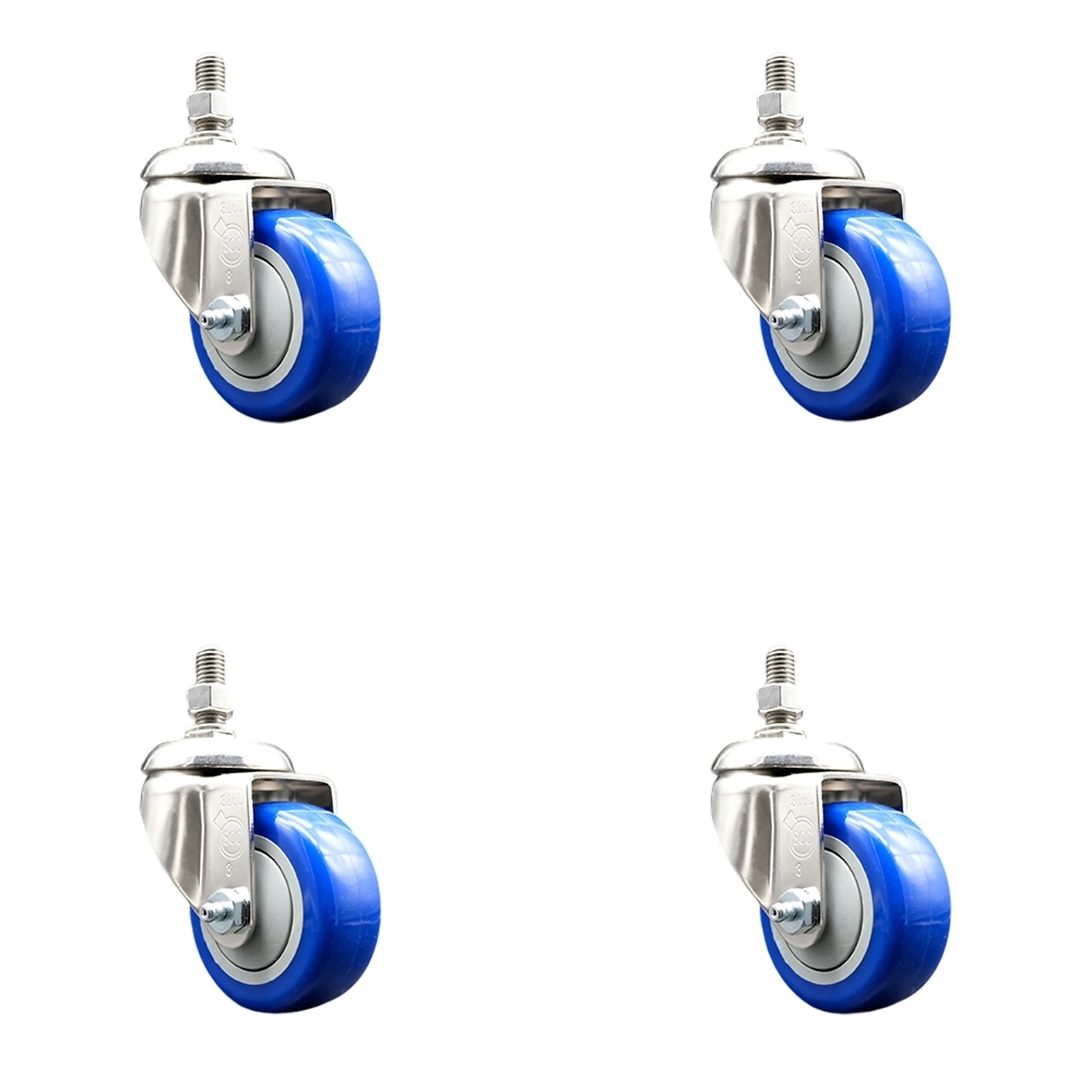 Service Caster, 3Inch x 1 1/4Inch Stem Casters, Wheel Diameter 3 in, Caster Type Swivel, Package (qty.) 4, Model SCC-SS316TS20S314-PPUB-BLUE-381615-4