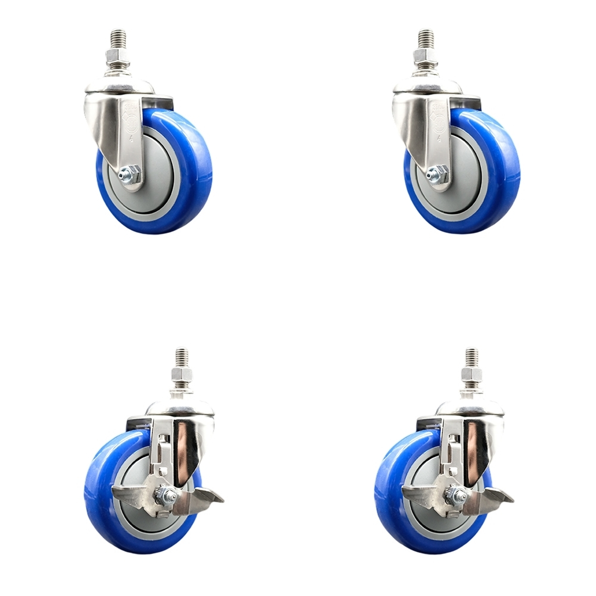 Service Caster, 4Inch x 1 1/4Inch Stem Casters, Wheel Diameter 4 in, Caster Type Swivel, Package (qty.) 4, Model SS316TS20S414-PPUB-BLUE-381615-2TLB2