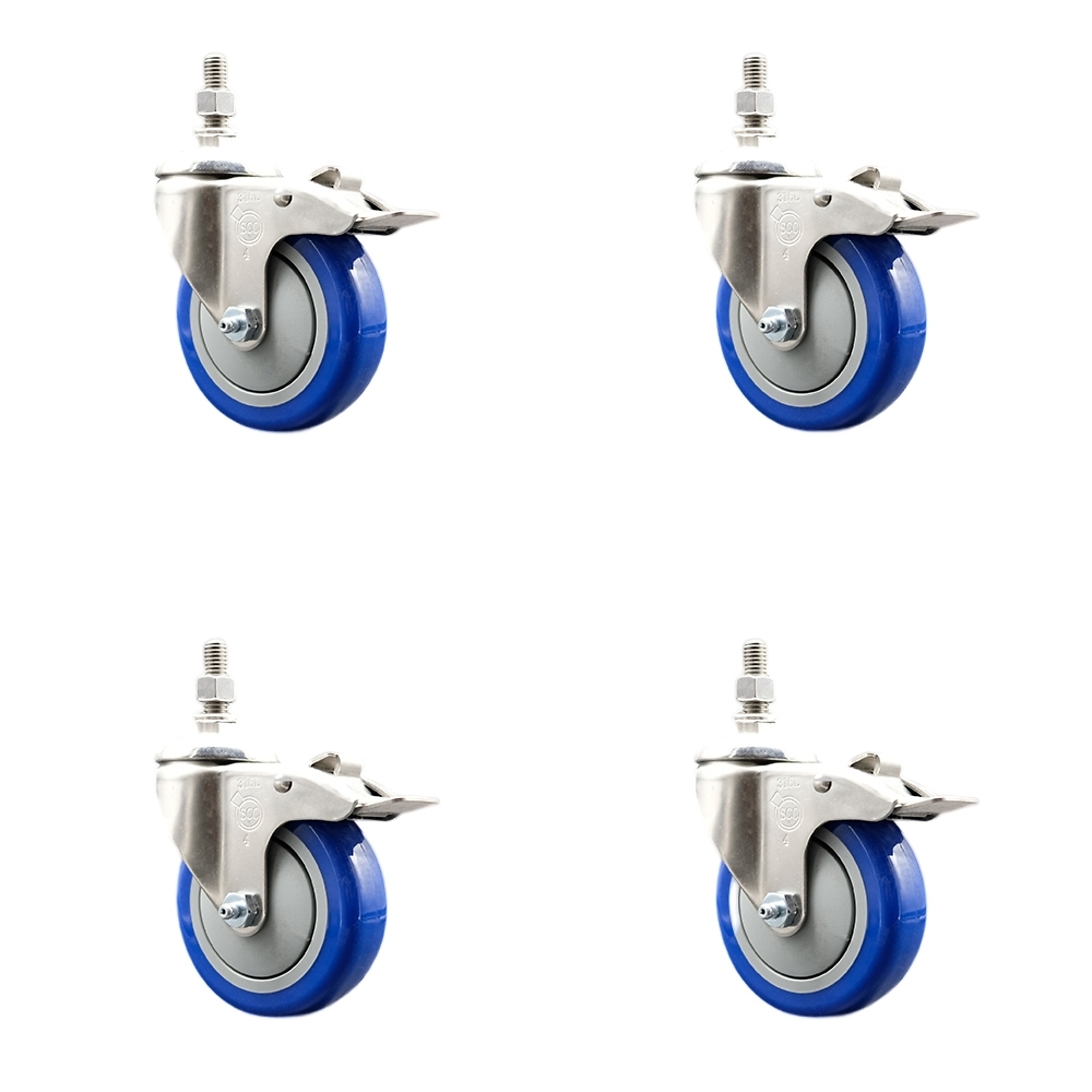 Service Caster, 4Inch x 1 1/4Inch Stem Casters, Wheel Diameter 4 in, Caster Type Swivel, Package (qty.) 4, Model SS316TSTTL20S414-PPUB-BLUE-381615-4