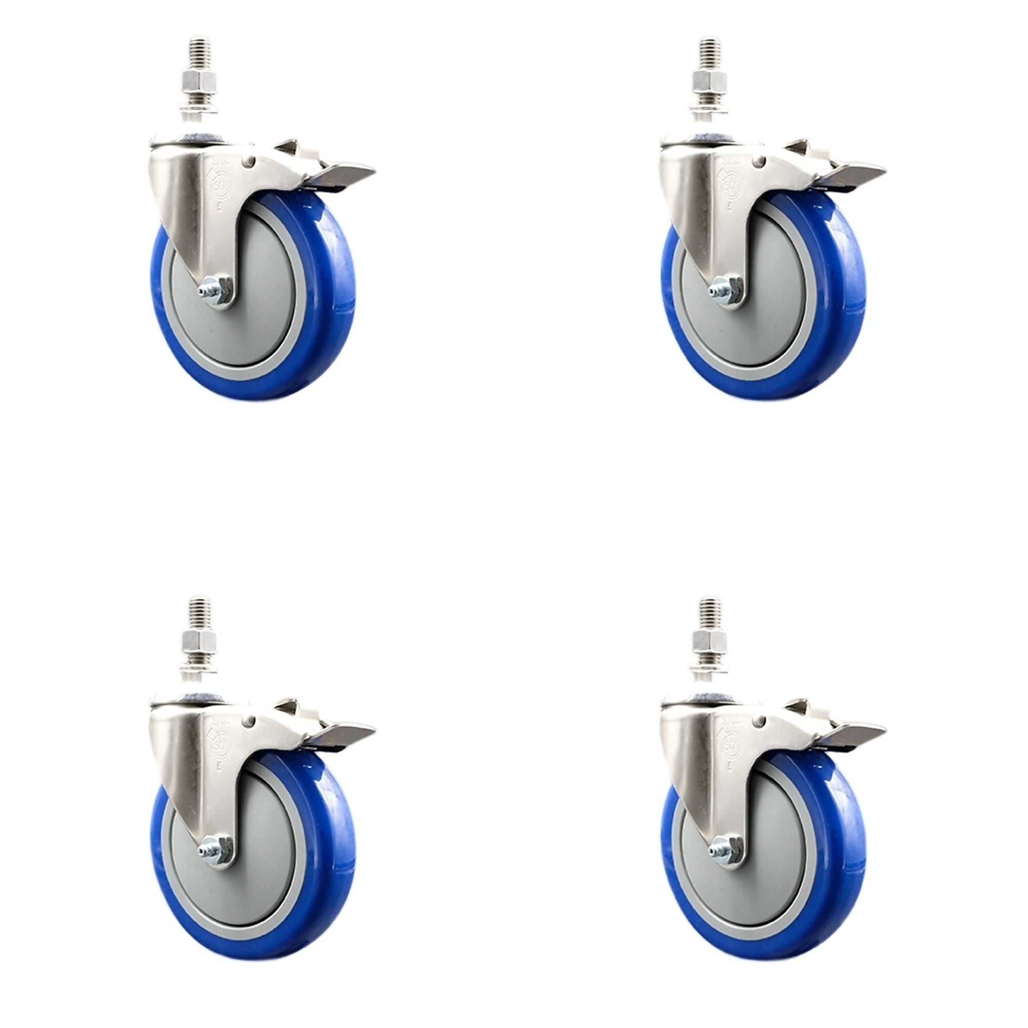 Service Caster, 5Inch x 1 1/4Inch Stem Casters, Wheel Diameter 5 in, Caster Type Swivel, Package (qty.) 4, Model SS316TSTTL20S514-PPUB-BLUE-381615-4