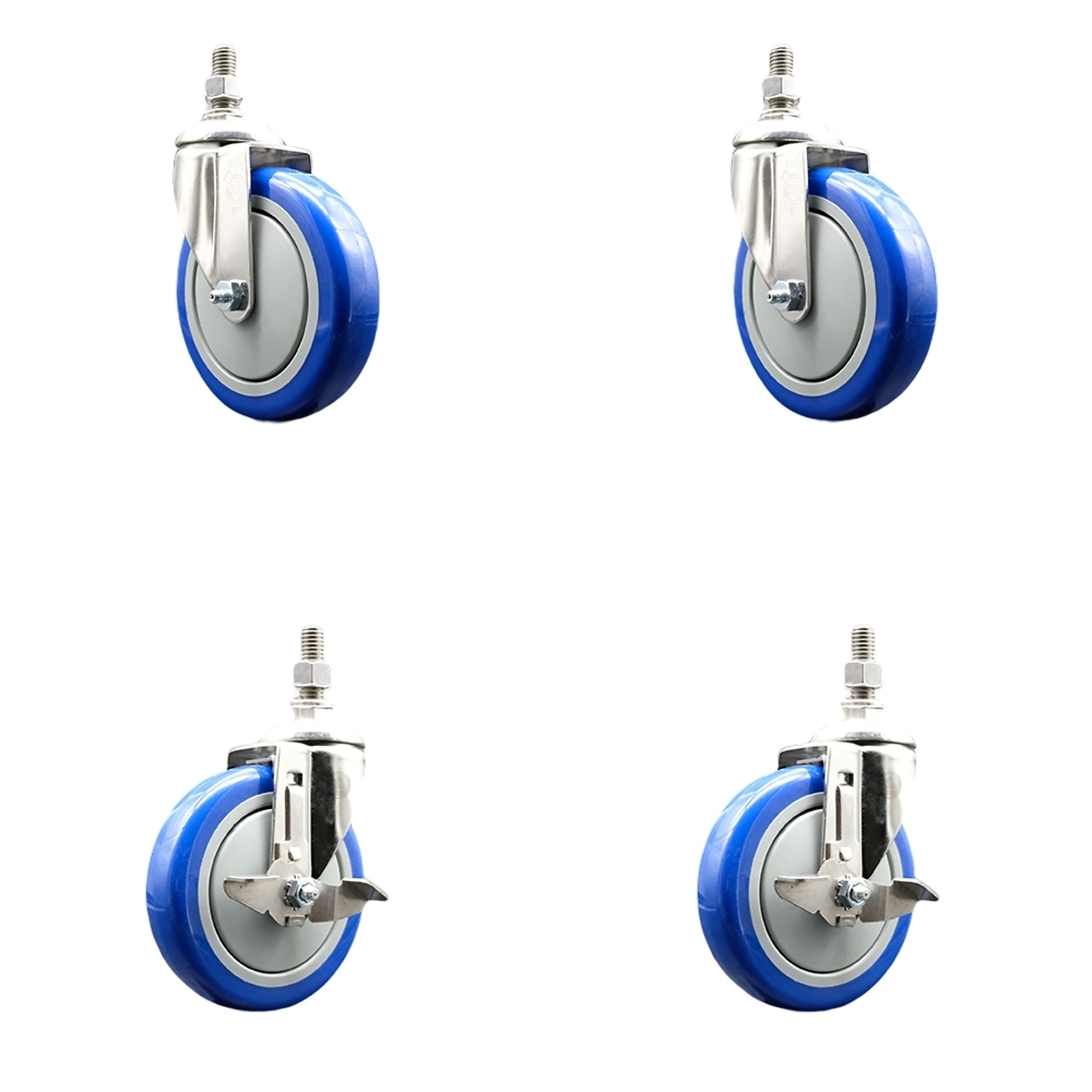 Service Caster, 5Inch x 1 1/4Inch Stem Casters, Wheel Diameter 5 in, Caster Type Swivel, Package (qty.) 4, Model SS316TS20S514-PPUB-BLUE-381615-2TLB2